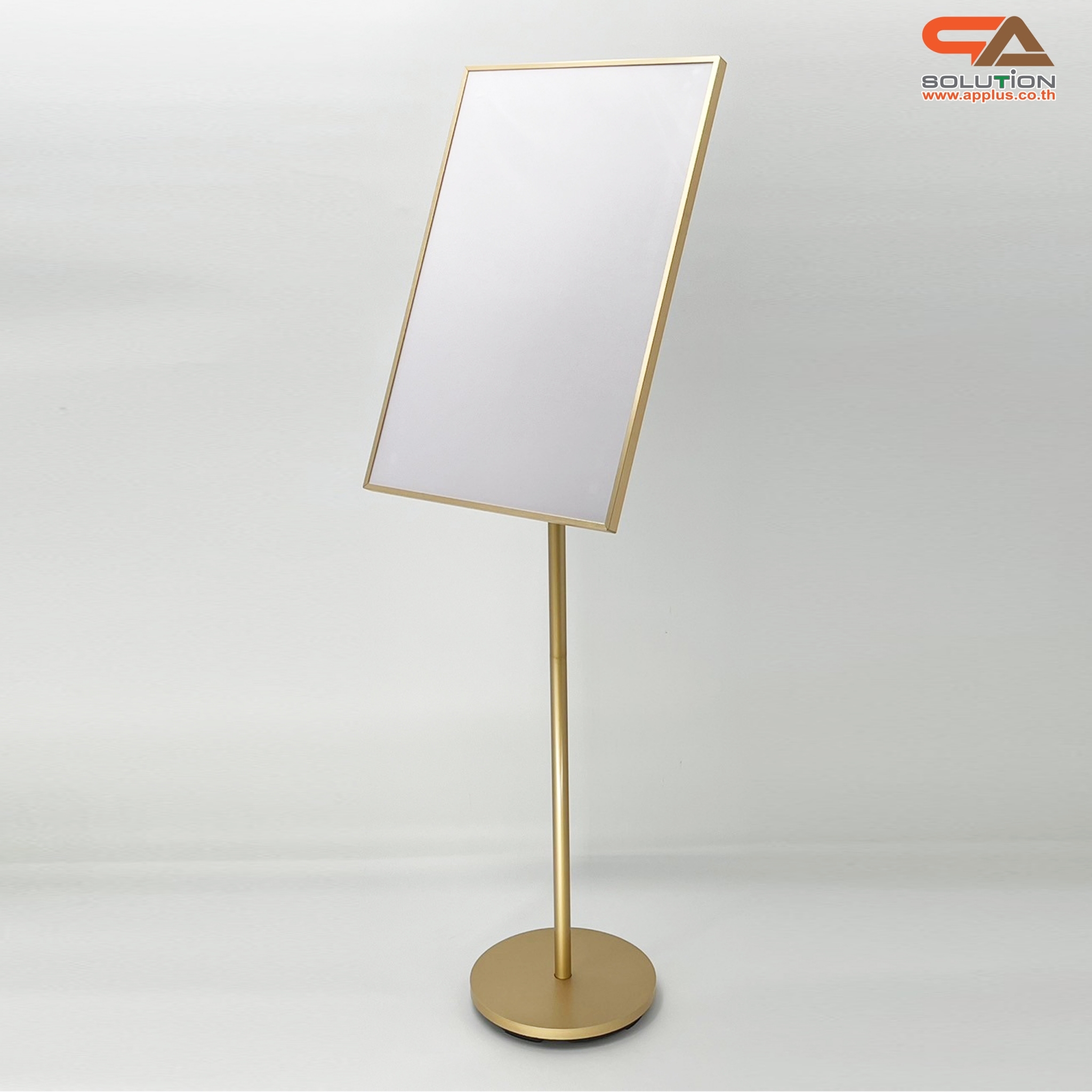 โปสเตอร์สแตนด์ ขนาด 40x60 cm. สีทอง ฐานกลม เสาเดี่ยว สอดภาพจากด้านข้าง เปลี่ยนมุมเอน ปรับแนวตั้ง-แนวนอนได้