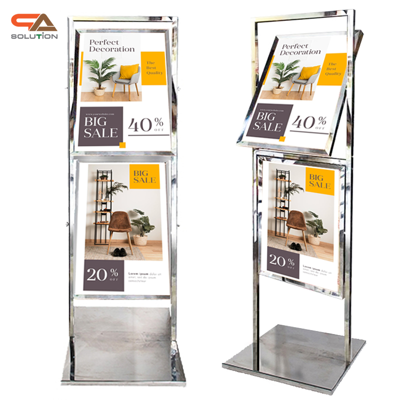 โปสเตอร์สแตนด์ สแตนเลส รุ่น 2 เฟรม หมุนได้ 360 องศา ขนาด 50×70 ซม สแตนเลสเกรด 304 ไม่เป็นสนิม โชว์งานพิมพ์ 2 ด้าน สอดงานพิมพ์ด้านบน