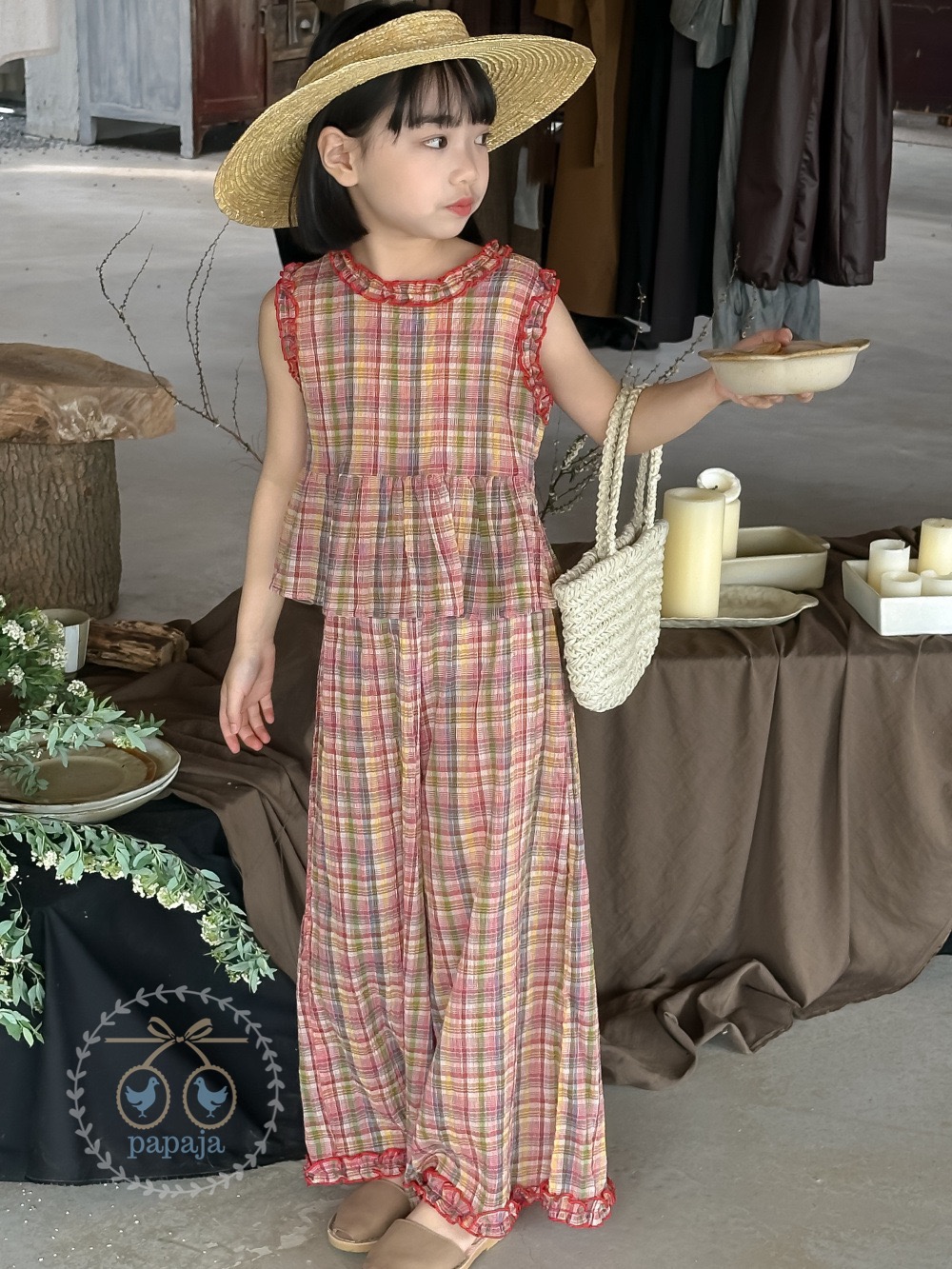 เซตเสื้อแขนกุด+กางเกงขายาวลายสก็อตสีโทนแดง