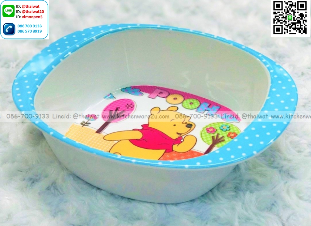 P09099 ชามมีที่จับ 6 นิ้ว พิมพ์ลายหมีพูห์ เมลามีนและลิขสิทธิ์แท้ Flowerware เครือซูปเปอร์แวร์ No.B225-6 (ราคาขายส่งต่อ 12 ใบ: เฉลี่ย 85 บ/ใบ)