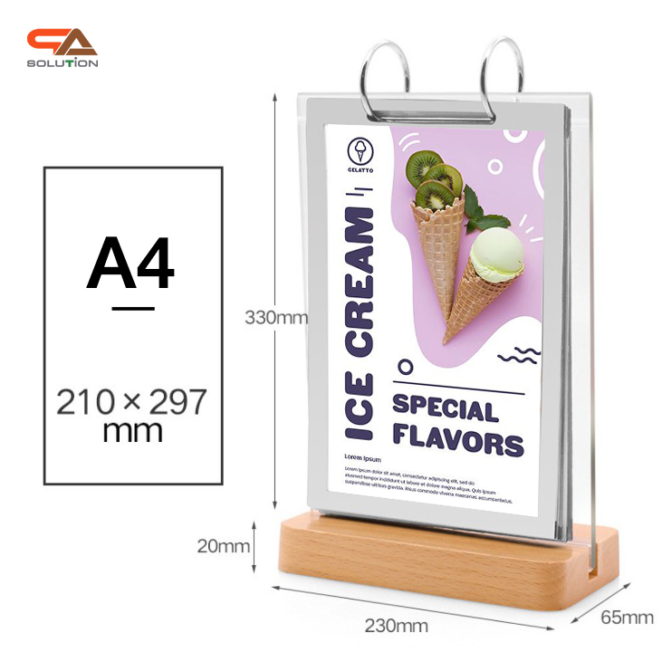 เมนูสแตนด์ตั้งโต๊ะ รุ่น D3 ฐานไม้จริง สีบีช พร้อมซอง 6 ซอง โชว์งานพิมพ์ 2 ด้าน ขนาด A4 , A5 และ A6