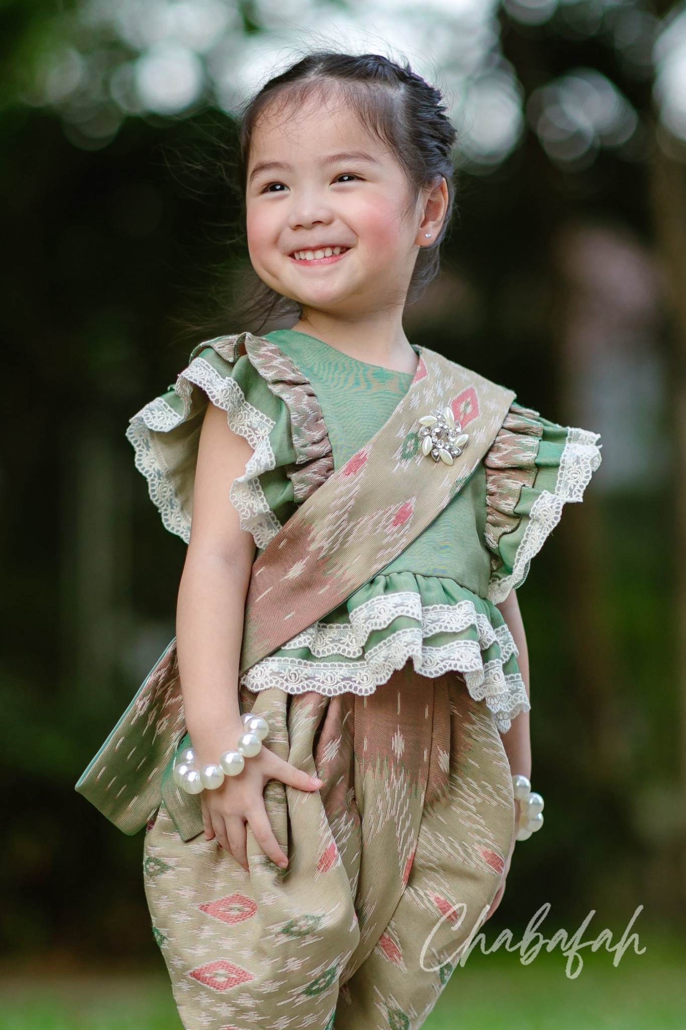 (เซต 4 ชิ้น) ชุดไทยแบรนด์ Chabafah รุ่น ศิรินภา สีเขียว
