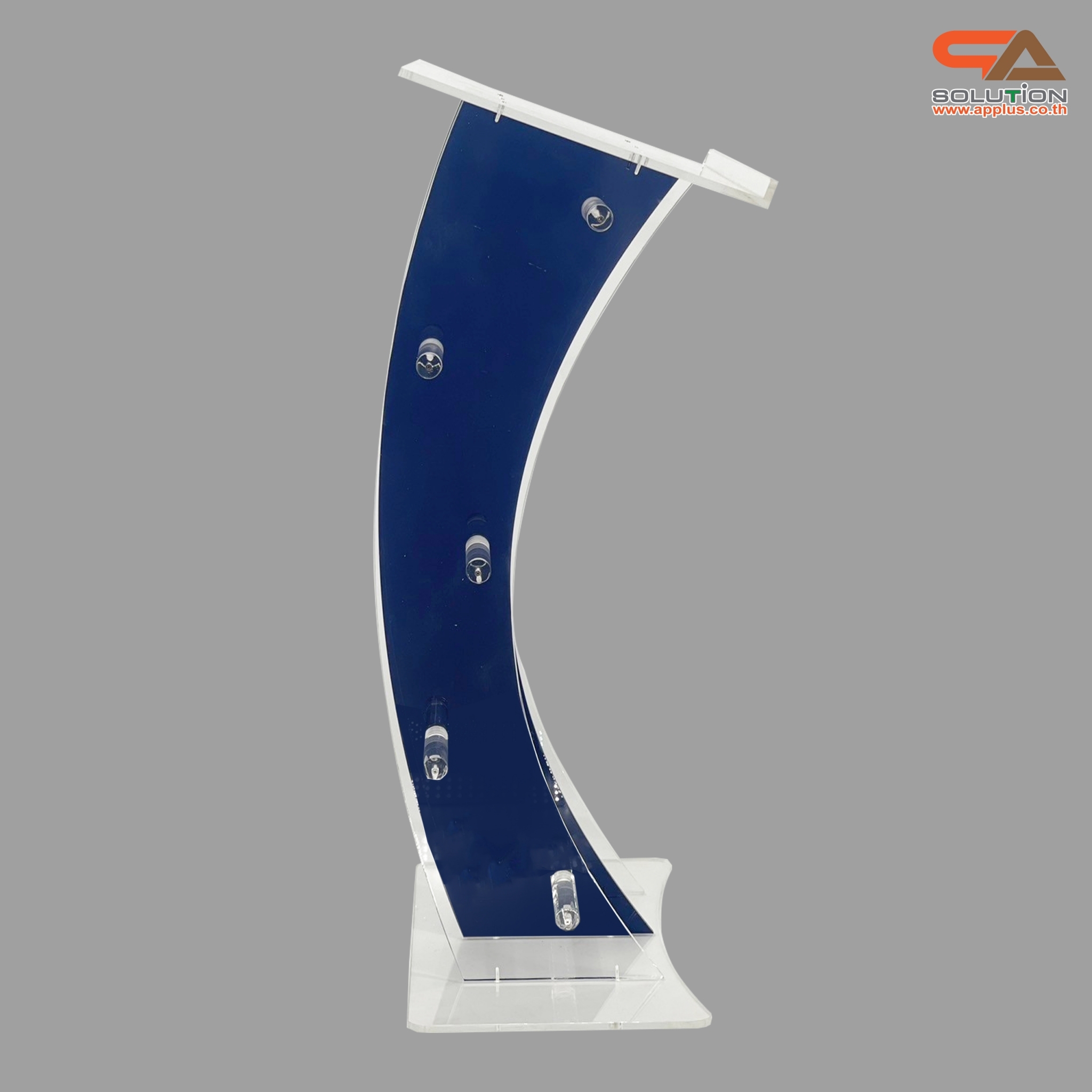 โพเดียมอะคริลิคใส และอะคริลิคสีน้ำเงิน ขนาด(W)60 x (L)42 x (H)113 cm. TOP เอียงพร้อมกันตก