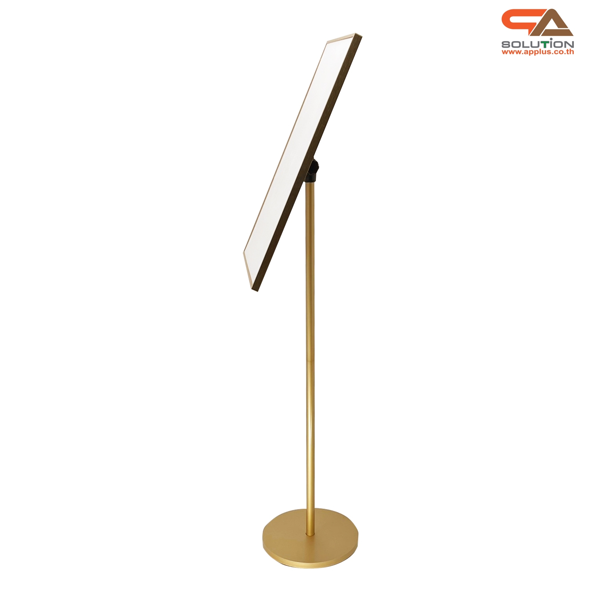โปสเตอร์สแตนด์ ขนาด 40x60 cm. สีทอง ฐานกลม เสาเดี่ยว สอดภาพจากด้านข้าง เปลี่ยนมุมเอน ปรับแนวตั้ง-แนวนอนได้
