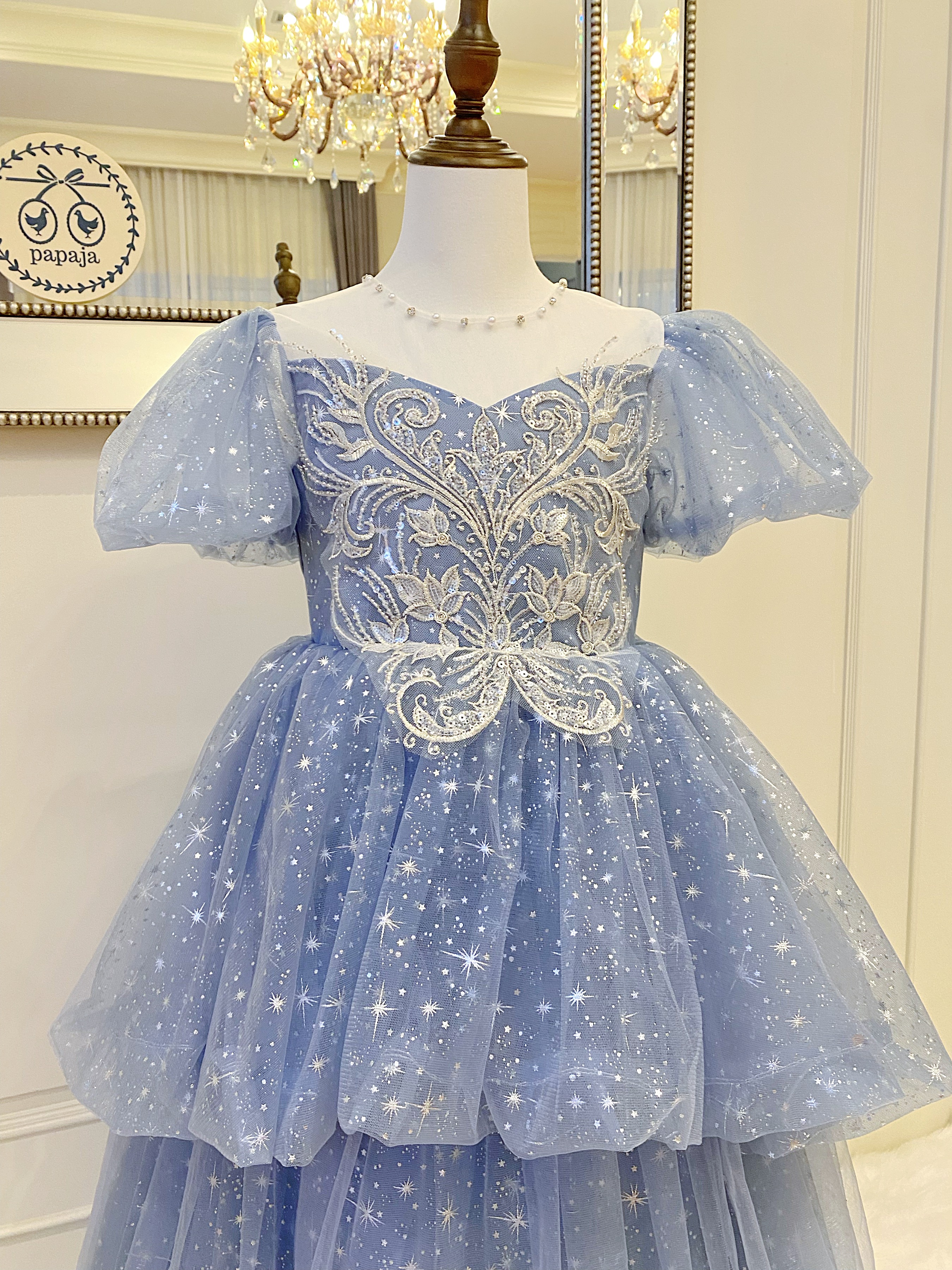 เดรสออกงานราตรียาวแขนตุ๊กตาสีฟ้าคราม