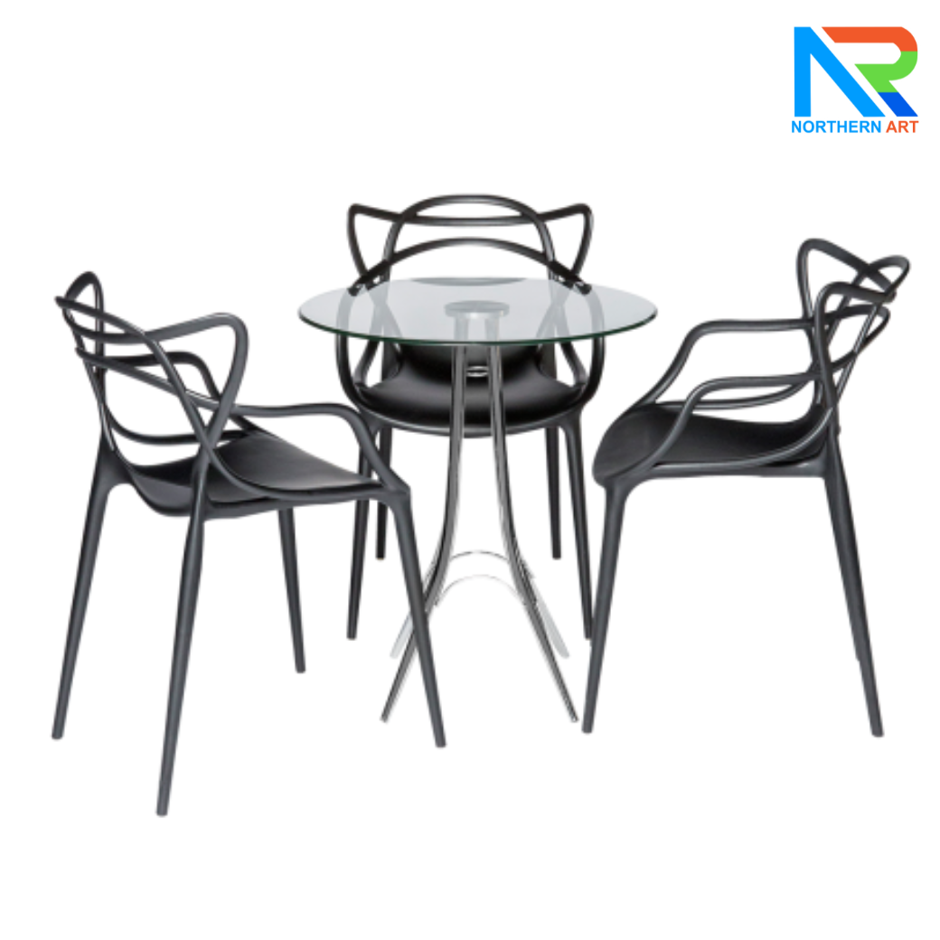 เช่าชุดโต๊ะบาร์ Top กระจกกลม ขาเหล็กชุบโครเมี่ยม พร้อมเก้าอี้ 3 ตัว (เก้าอี้มีหลายแบบให้เลือก)