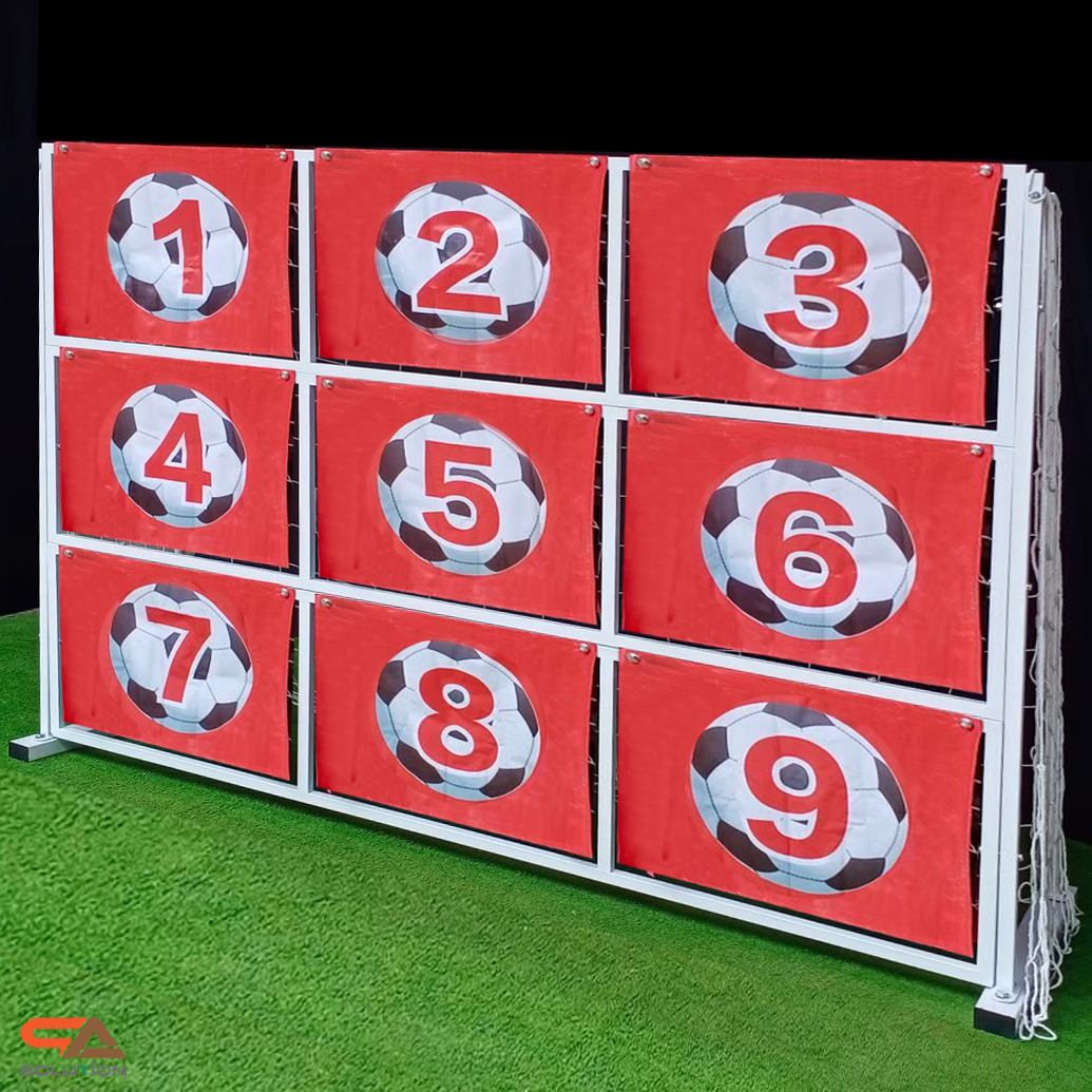 เข่าเกมส์ฟุตบอล เกมส์เตะบอล เกมส์FOOTBALL ขนาด (W)3 x (H)2 ม.โครงเหล็กสีขาว ถอดประกอบได้ พร้อมป้าย9 ช่อง