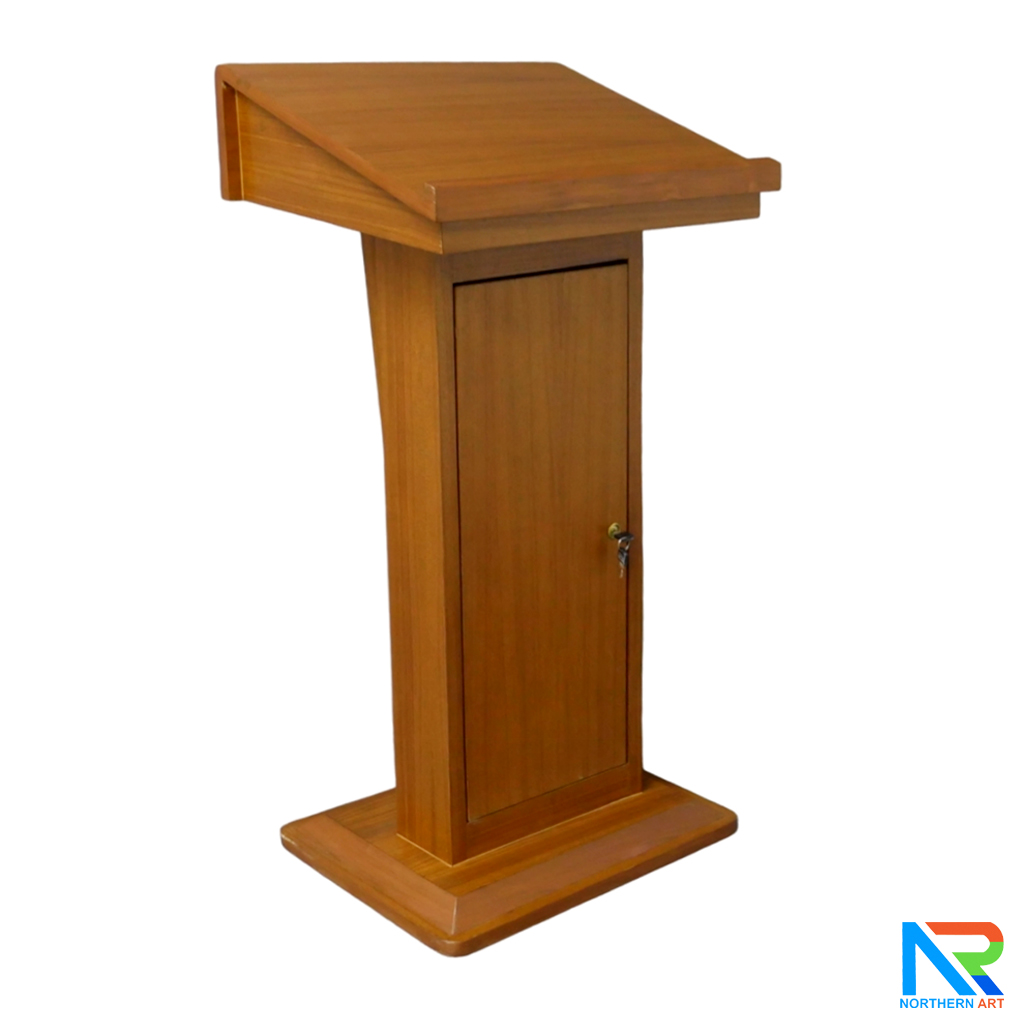 โพเดียมไม้ สีสัก ทรงโมเดิร์น TOP เอียง ขนาด (W)58 x (L)46 cm. สูง 114 cm. พร้อมตู้ใส่ของ มีกุญแจล็อค