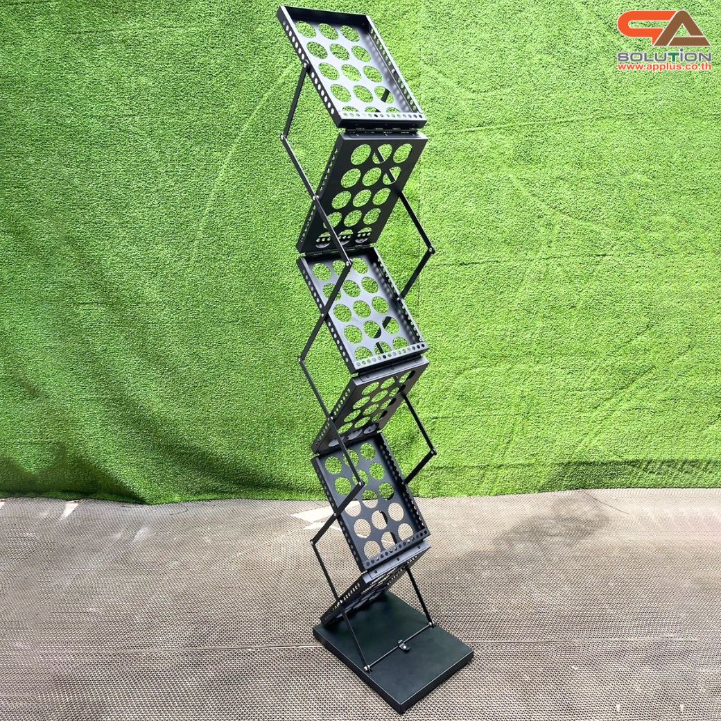 ชั้นวางโบรชัวร์เหล็ก สีดำ รุ่นพับได้ 2 ด้าน ขนาด A4 พับเก็บได้ เคลื่อนย้ายสะดวก พร้อมกระเป๋า 1 ใบ