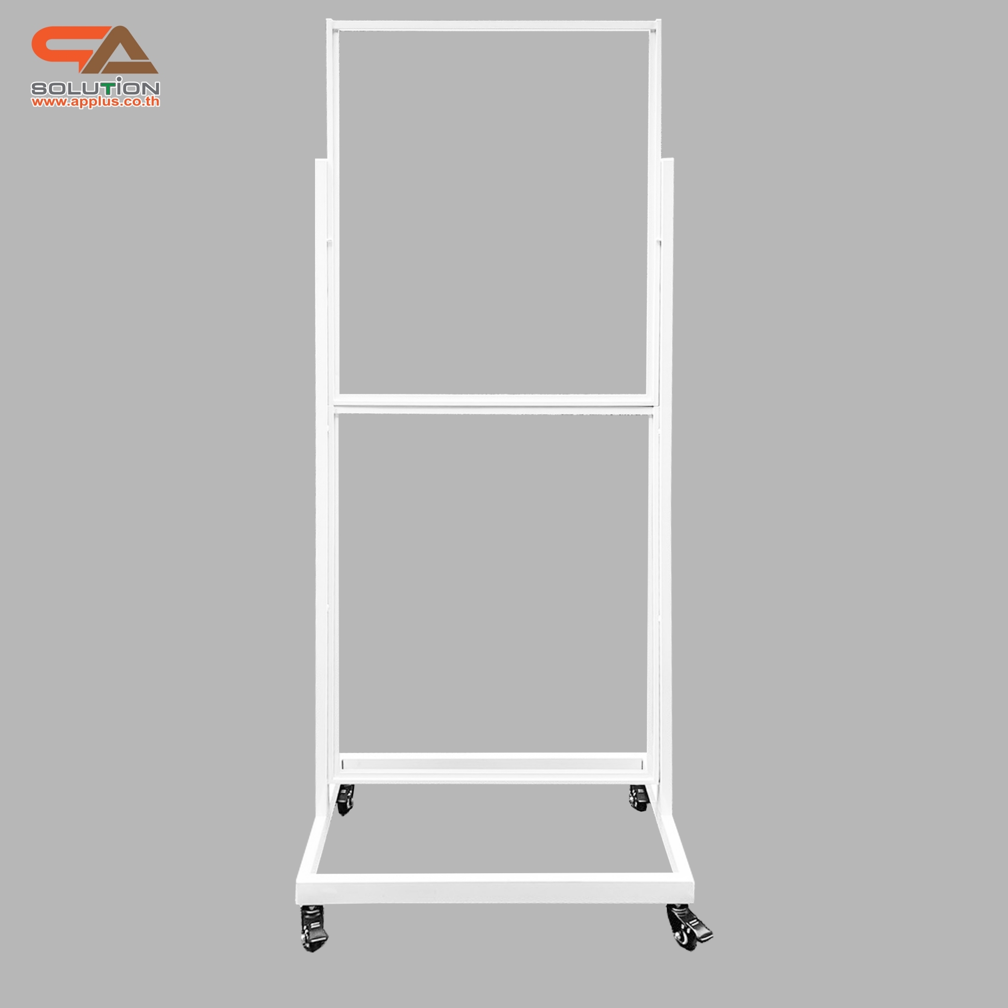 ป้ายตั้งพื้นเหล็ก กรอบคู่ สีขาว มีล้อ (W) 58 × (L) 73 x (H) 160 cm. สอดงานด้านบน โชว์ภาพ2ด้าน ถอดประกอบได้