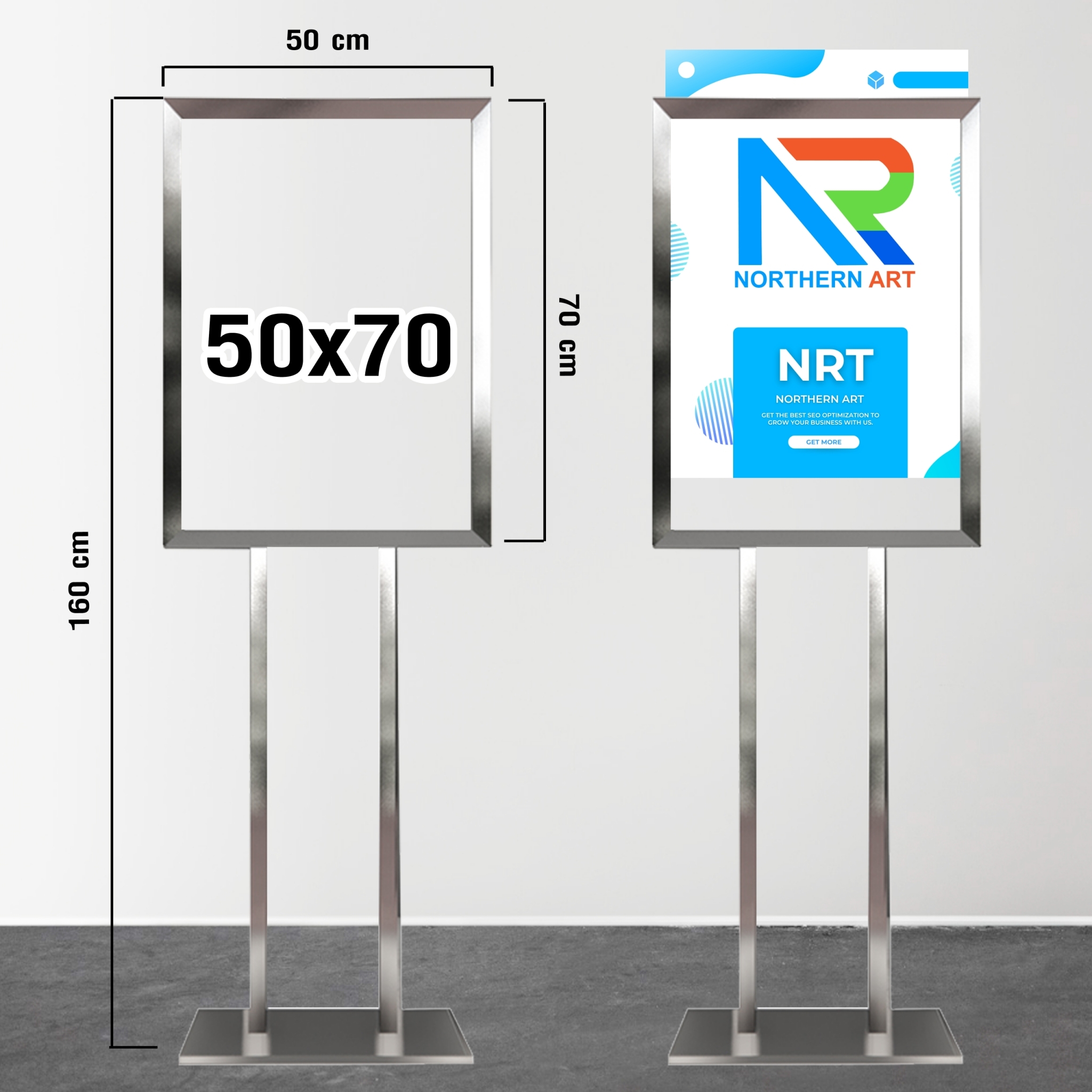 โปสเตอร์สแตนด์ สแตนเลส304 เสาคู่ ฐานเหลี่ยม ขนาด (W)50 x (L)70 x (H)160 cm. พร้อมอะคริลิคใส 2 มม. 2 แผ่น สอดงานพิมพ์ด้านบน