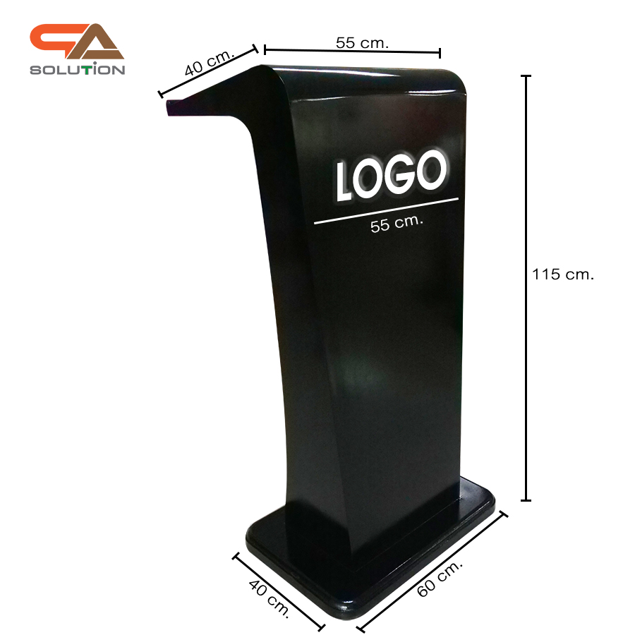 โพเดียมไม้ สีดำ รุ่น PD-11 ทรงโมเดิร์น ขนาด (W)55 x (L)40 x (H)115 cm. TOP เอียง พร้อมชั้นวางของ