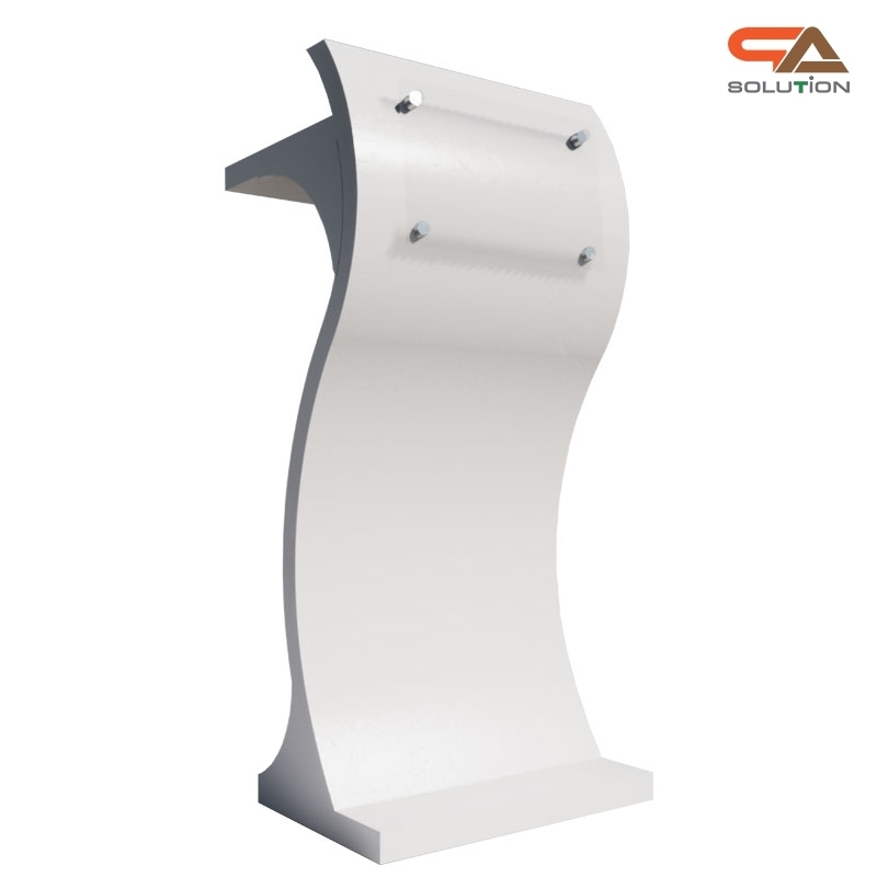 โพเดียมไม้ สีขาว ทรง S ขนาด (W)55 x (L)35 x (H)119 ซม. พร้อมอะคริลิคติดหมุดด้านหน้า สำหรับติดโลโก้