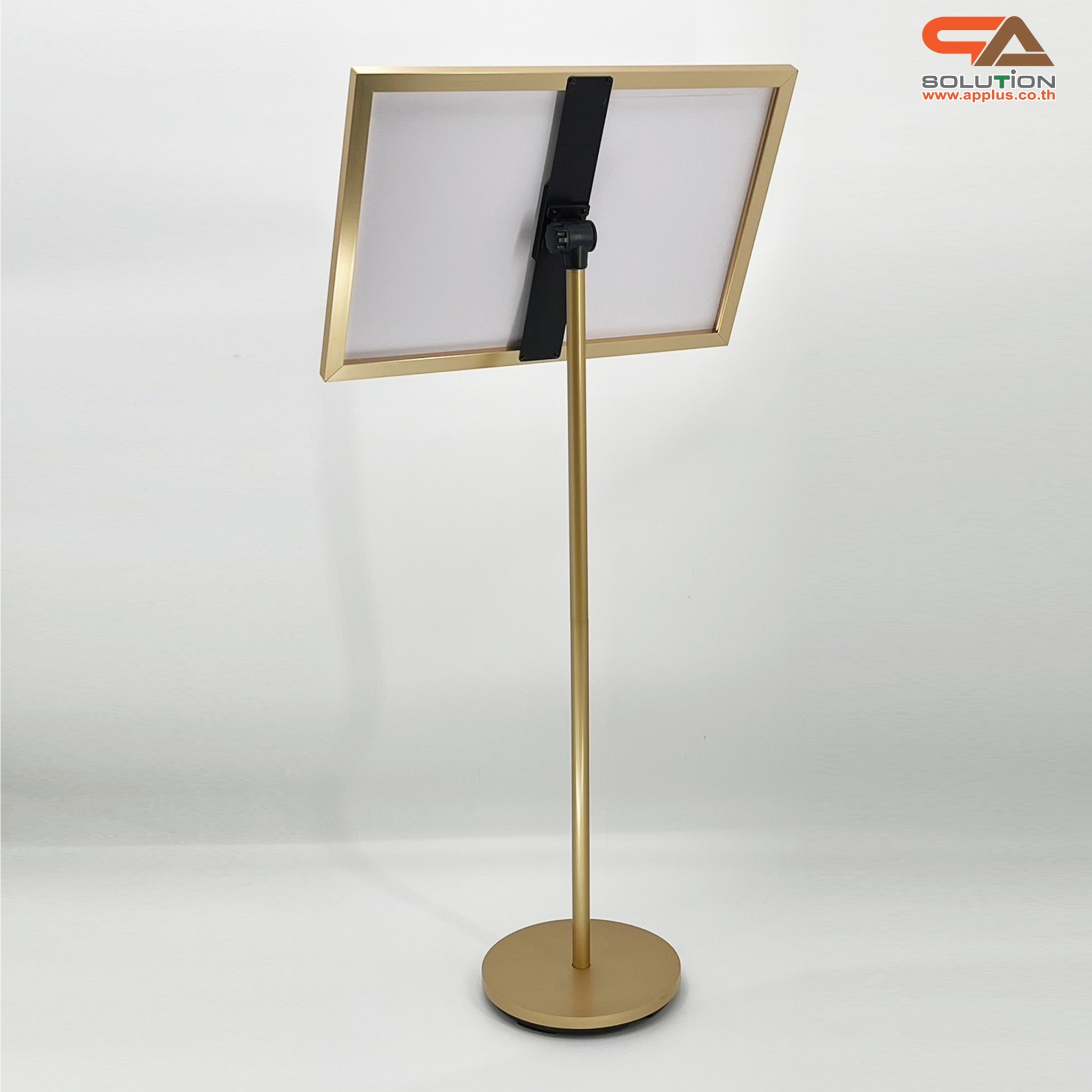 โปสเตอร์สแตนด์ ขนาด 40x60 cm. สีทอง ฐานกลม เสาเดี่ยว สอดภาพจากด้านข้าง เปลี่ยนมุมเอน ปรับแนวตั้ง-แนวนอนได้