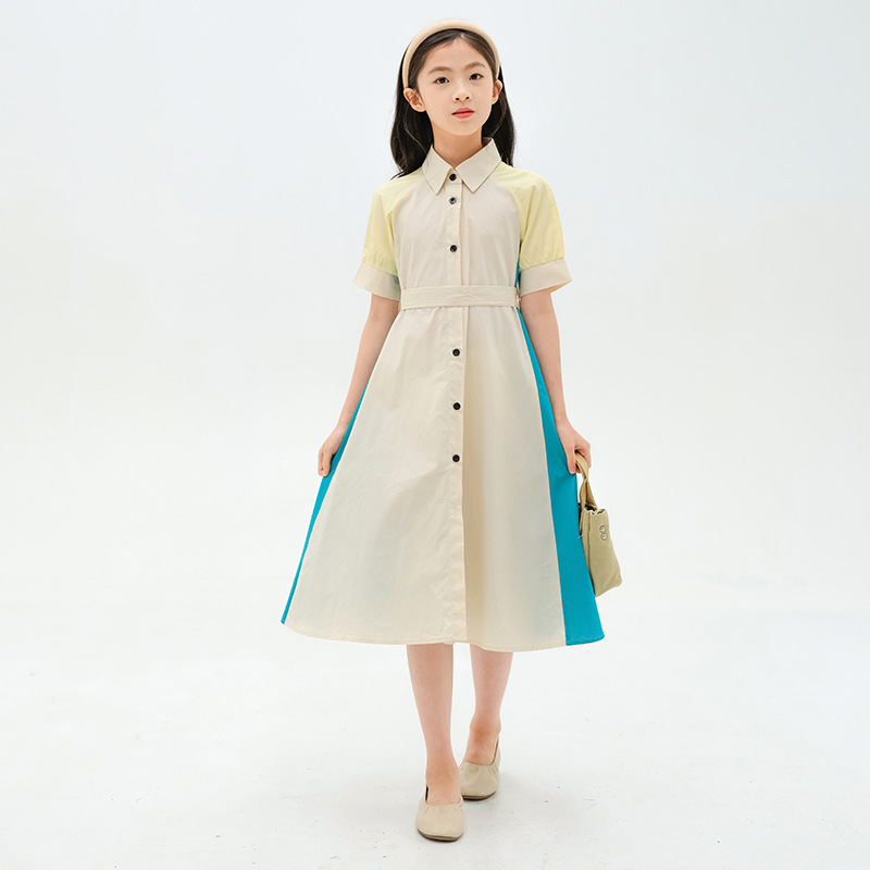 เดรสแขนตุ๊กตา 3 โทนสีมาพร้อมโบว์คาดเอว