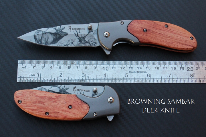 มีดพับด้ามไม้ลายเขากวาง BROWNING SAMBAR DEER KNIFE.