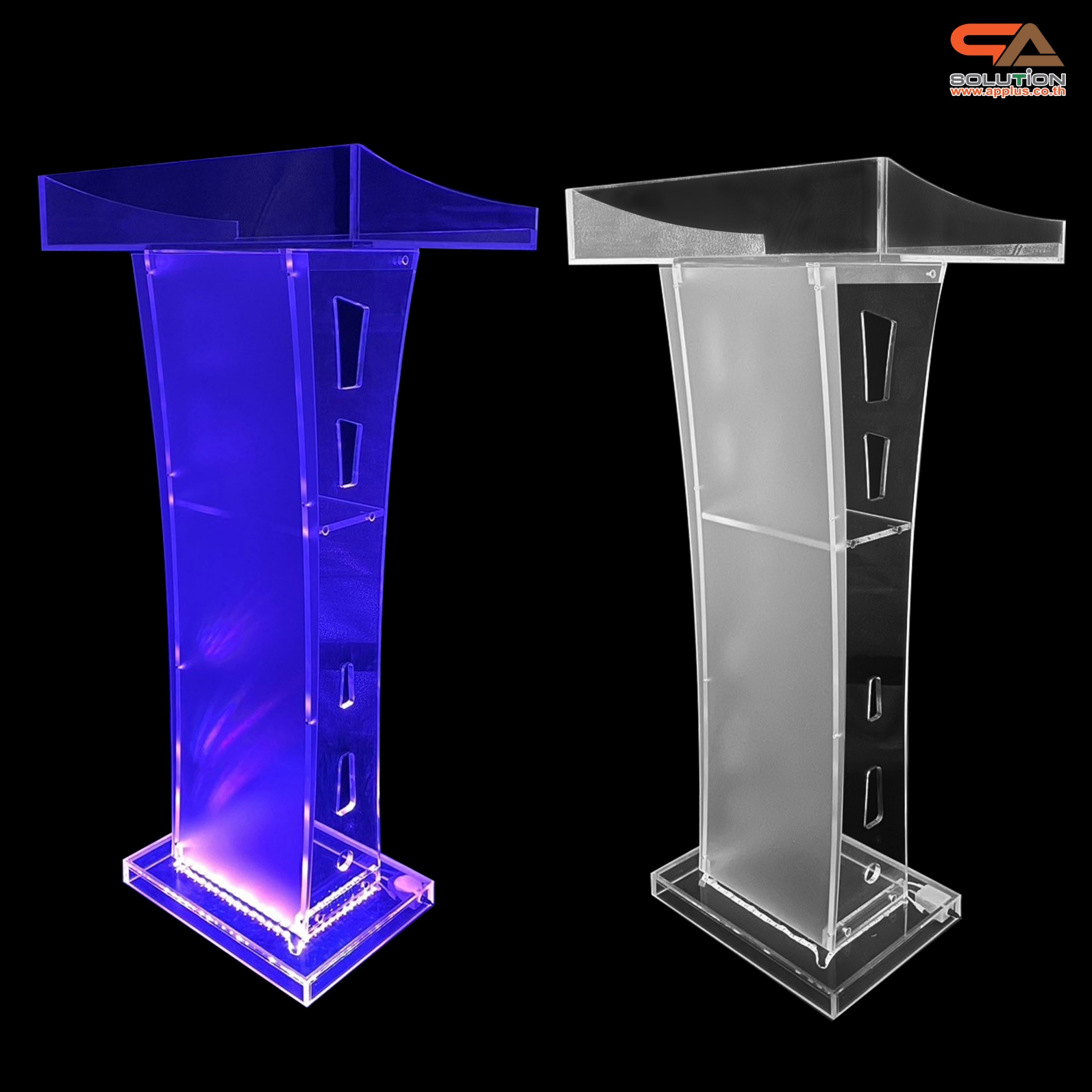 โพเดียมอะคริลิค เรืองแสงไฟ LED พร้อมรีโมทคอนโทรล รุ่น LED-03 ขนาด (W) 60 x (L) 40 x (H) 113 ซม.