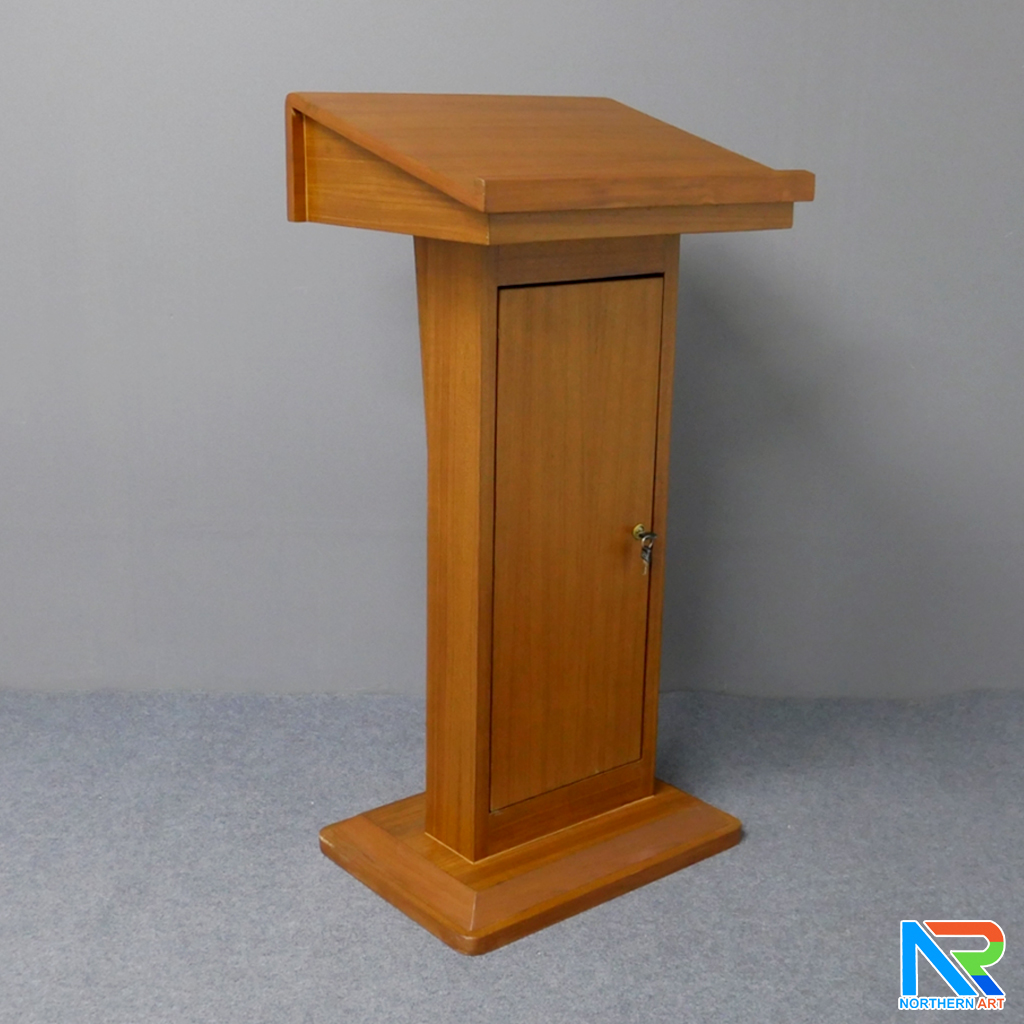 โพเดียมไม้ สีสัก ทรงโมเดิร์น TOP เอียง ขนาด (W)58 x (L)46 cm. สูง 114 cm. พร้อมตู้ใส่ของ มีกุญแจล็อค