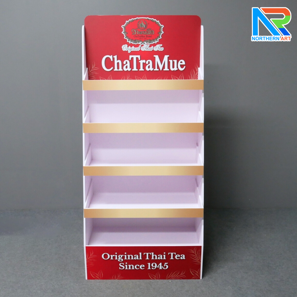 ชั้นวางสินค้าพลาสวูด 5 ชั้น ขนาด (W)61.6 x (D)30 x (H)135 cm. พร้อมงานพิมพ์ พลาสวูดหนา 8 มม. สั่งผลิตตามแบบ