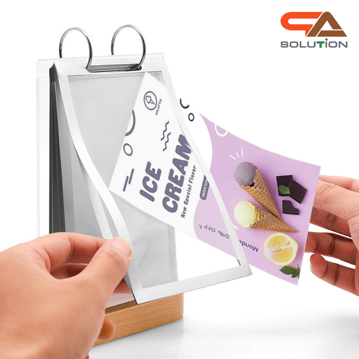 เมนูสแตนด์ตั้งโต๊ะ รุ่น D3 ฐานไม้จริง สีบีช พร้อมซอง 6 ซอง โชว์งานพิมพ์ 2 ด้าน ขนาด A4 , A5 และ A6