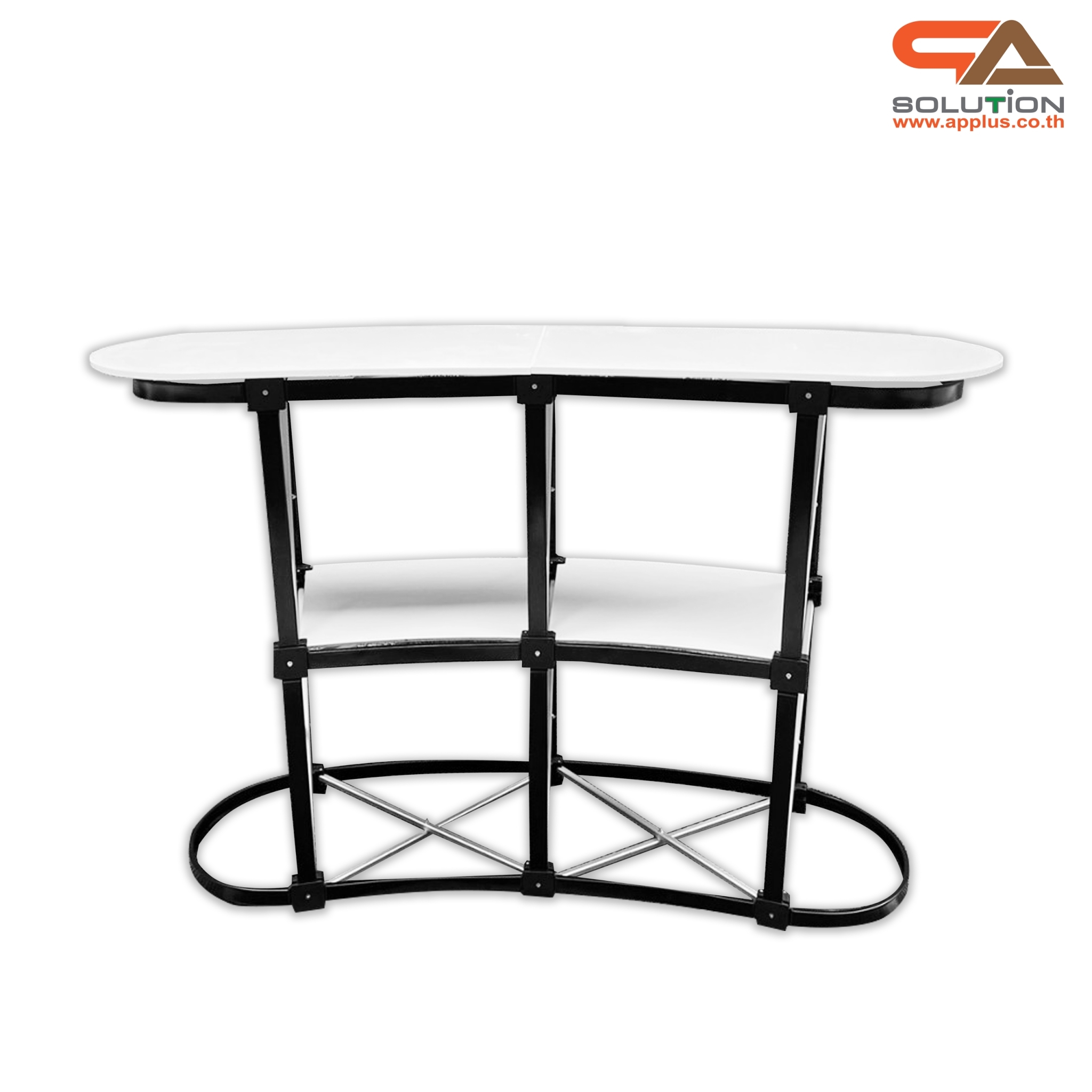 เคาน์เตอร์ออกบูธ รุ่นโค้ง TOPสีขาว มีชั้นวาง ขนาด (W)131 x (D)39 x (H) 87 cm.โครงอะลูมิเนียม พับเก็บได้ เคลื่อนย้ายสะดวก