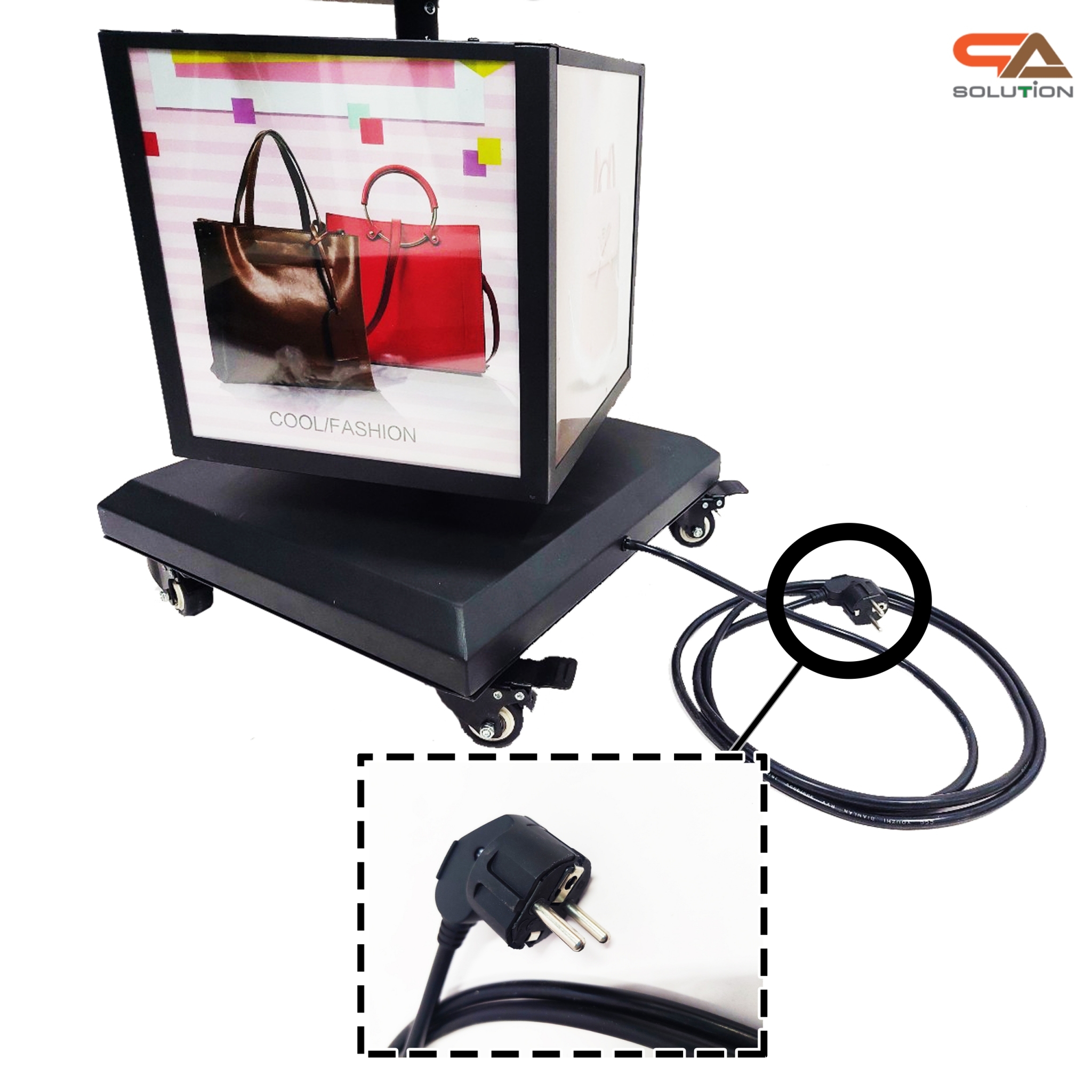 เช่าตู้ไฟLEDตั้งพื้น หมุนได้360องศา ทรงลูกเต๋า 4 ชั้น ขนาด (W)30 x (D)30 x (H)150 ซม. โชว์งานพิมพ์ 4 ด้าน ไว้ภายนอกอาคารได้