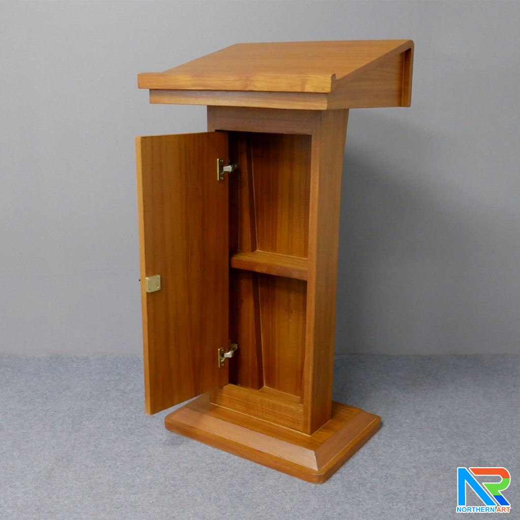 โพเดียมไม้ สีสัก ทรงโมเดิร์น TOP เอียง ขนาด (W)58 x (L)46 cm. สูง 114 cm. พร้อมตู้ใส่ของ มีกุญแจล็อค