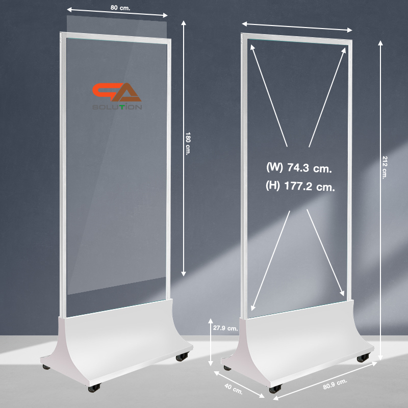 ป้ายตั้งพื้นสีขาว ฐานสามเหลี่ยม พร้อมล้อ ขนาด 80x180 ซม. โชว์งานพิมพ์ได้ 2 ด้าน ถอดประกอบได้ เคลื่อนย้ายสะดวก