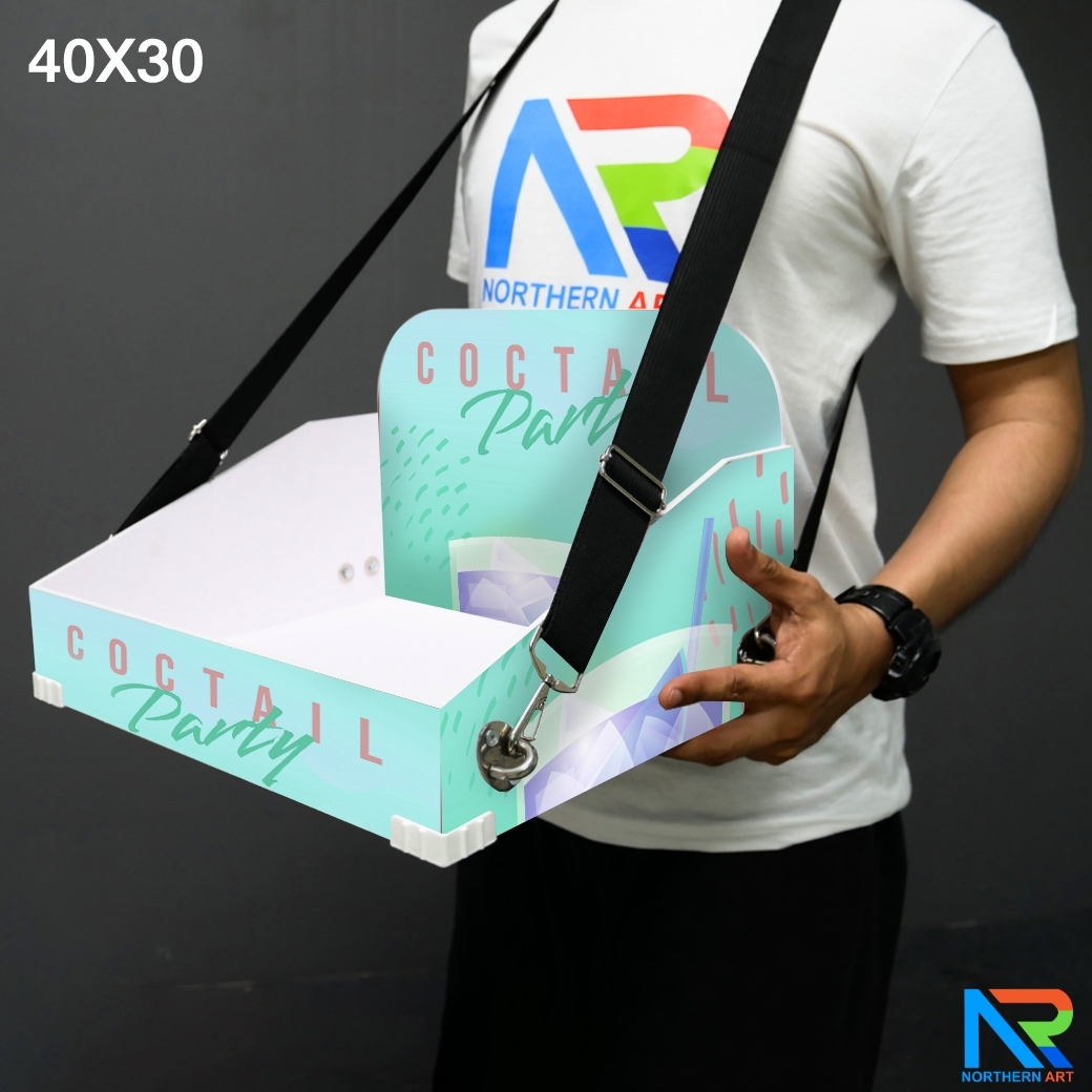 SAMPLING MOBILE TRAY ถาดแจกเคลื่อนที่ ขนาด (W)40 x (D)30 x (H)23 cm.วัสดุโครงพลาสวูดพร้อมสายคล้อง