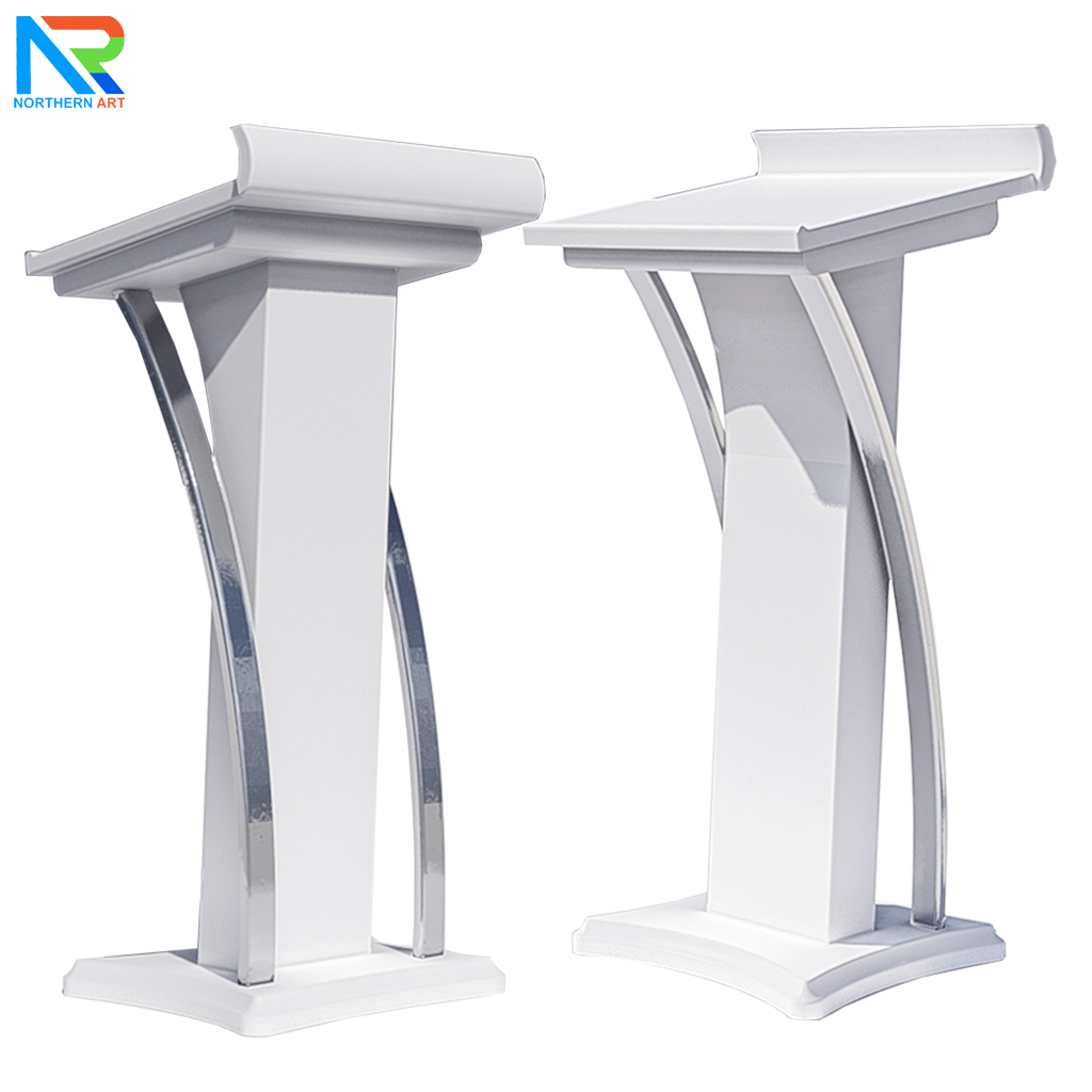 โพเดียมไม้ สีขาว ตกแต่งสแตนเลสเกรด304 ขนาด (W) 55 x (L) 50 x (H) 120 cm.