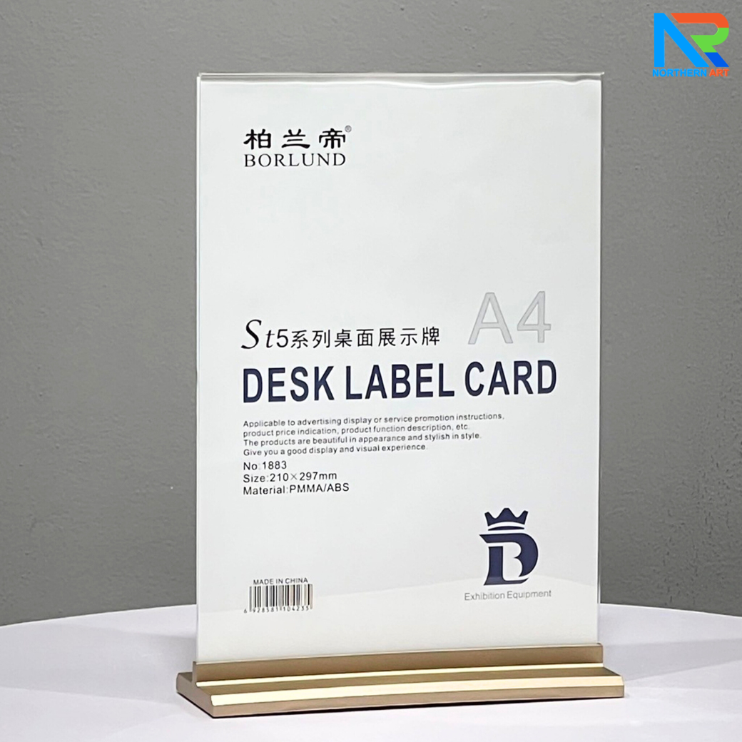 ป้ายตั้งโต๊ะ อะคริลิค ฐานพลาสติก สีทอง ขนาด A4 โชว์งานพิมพ์ได้ 2 หน้า ถอดประกอบได้