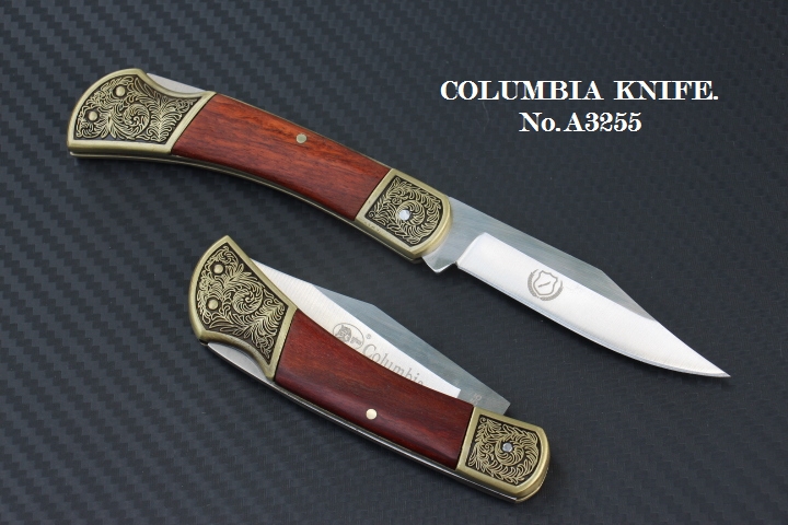 มีดพับทรงคลาสสิค COLUMBIA No.A3255 ด้ามไม้แท้ + ทองเหลืองแกะลายไม้เลื้อย