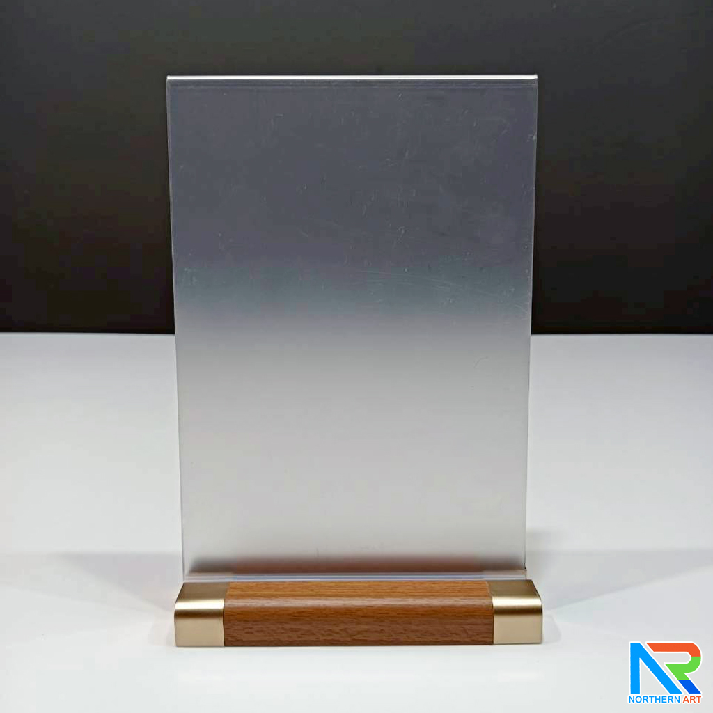 ป้ายตั้งโต๊ะ ฐานไม้ พร้อมอะคริลิคใส สอดงานพิมพ์ด้านข้าง โชว์งานพิมพ์ 2 ด้าน