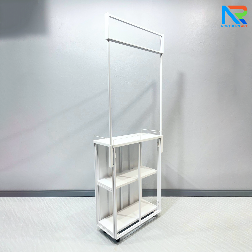 โต๊ะชงชิม บูธชงชิม รุ่นเหล็ก ขนาด (W) 67.5 x (D) 29 x (H) 180 cm. พร้อมตู้เก็บของ พับเก็บได้