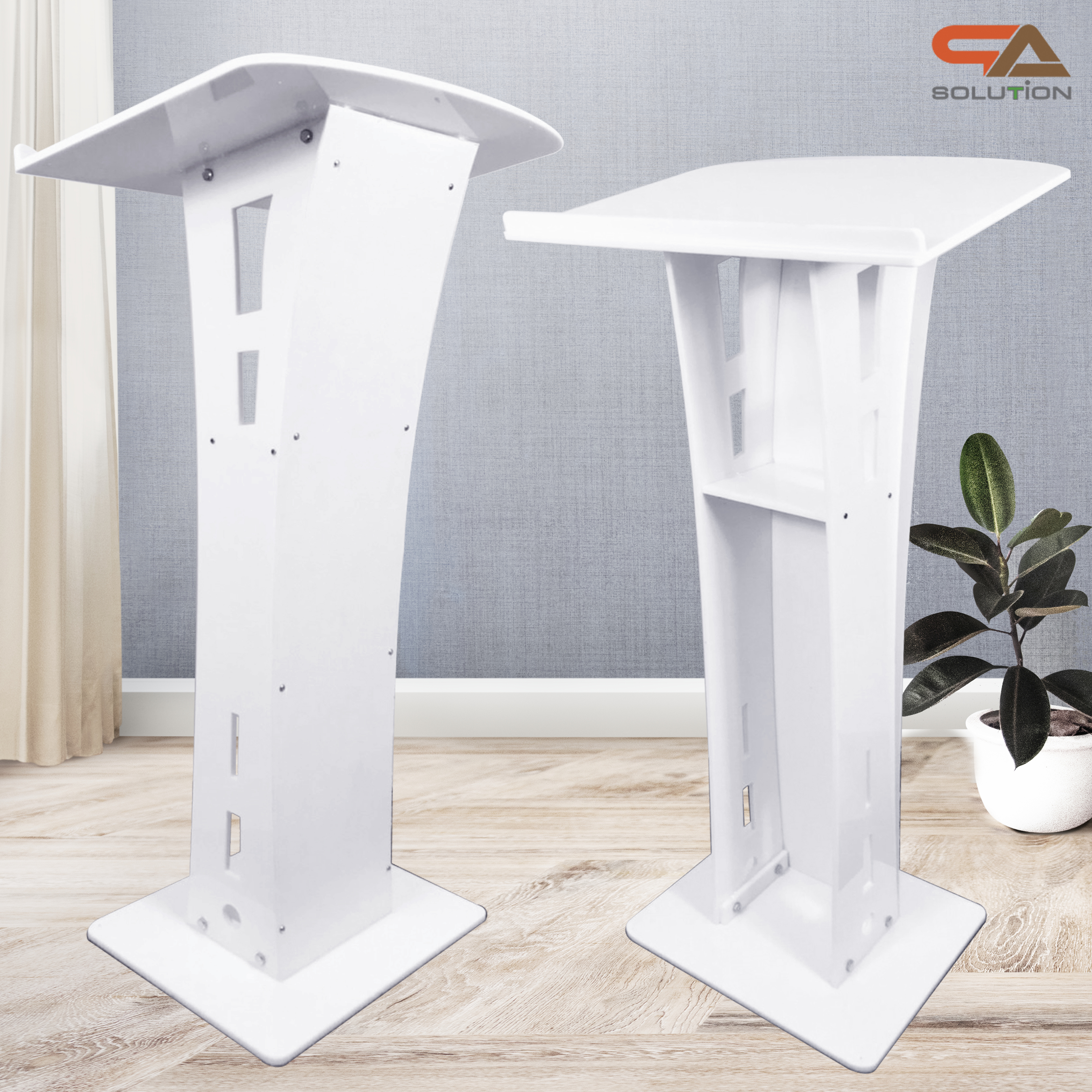 เช่าโพเดียม อะคริลิคสีขาว AC-14 ขนาด TOP (W)60 x (L)45 สูง (H)114 cm. พร้อมชั้นวางของ