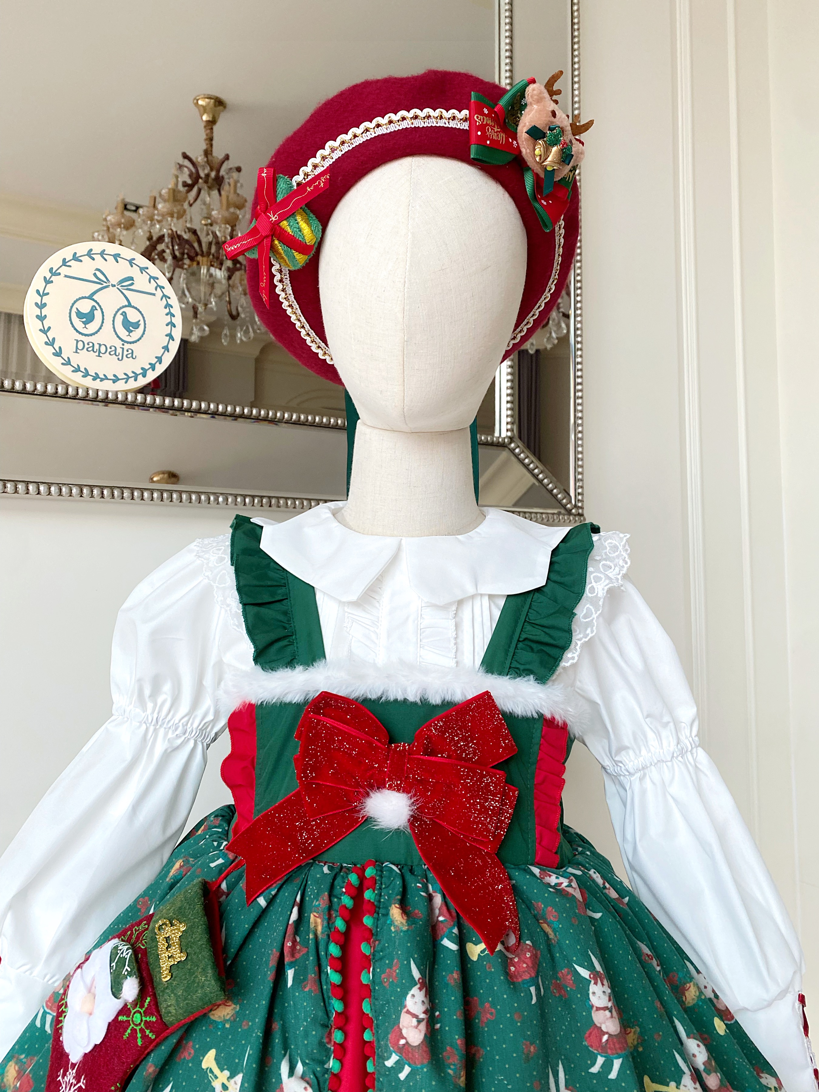 (เซต 4 ชิ้น) เซตเดรสคริสต์มาสงานพรีเมี่ยม ธีมต้น X'mas สีเขียวแดง (เดรส+เสื้อแขนยาว+หมวก+ถุงเท้า) Christmas