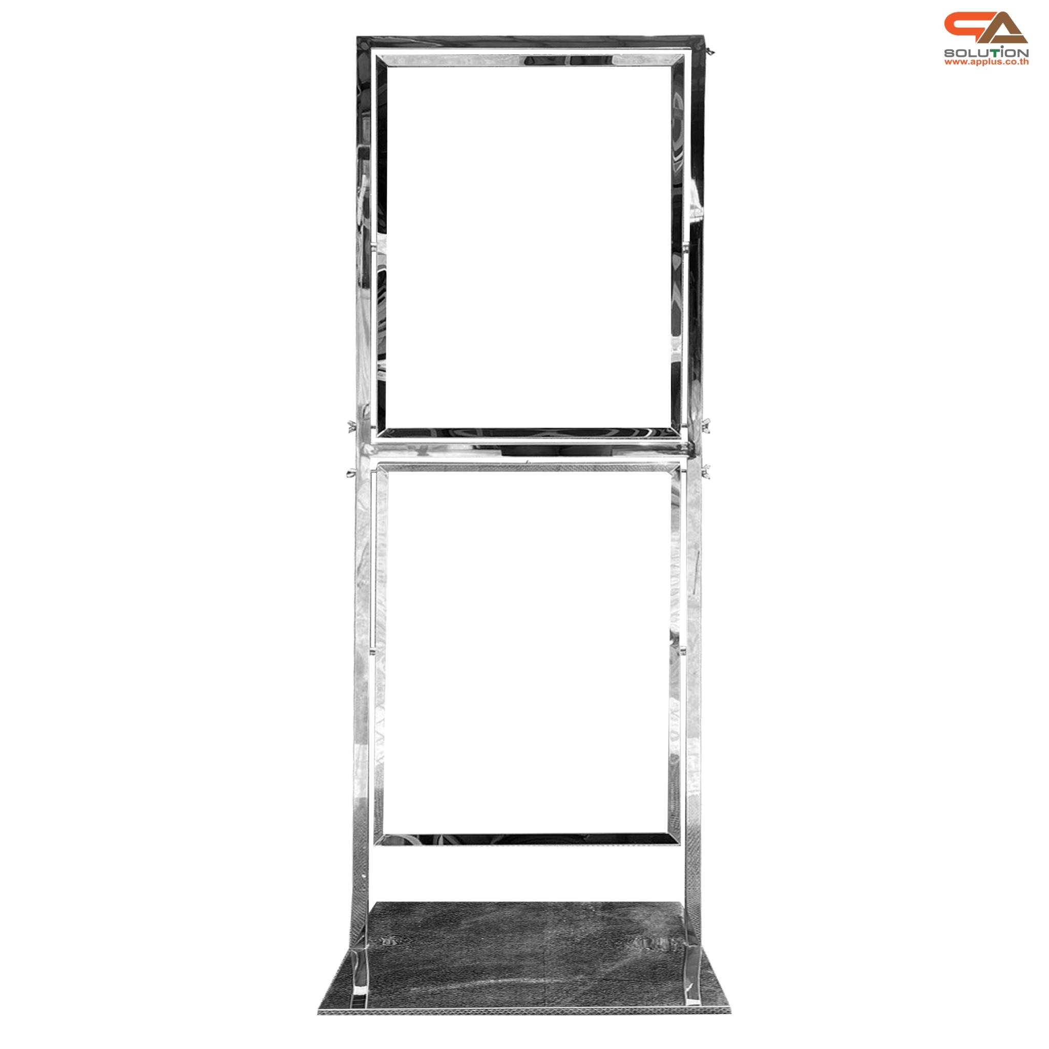 โปสเตอร์สแตนด์ สแตนเลส รุ่น 2 เฟรม หมุนได้ 360 องศา ขนาด 50×70 ซม สแตนเลสเกรด 304 ไม่เป็นสนิม โชว์งานพิมพ์ 2 ด้าน สอดงานพิมพ์ด้านบน