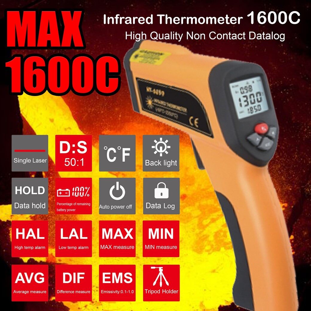 Max 1600 เครื่องวัดอุณหภูมิแบบอินฟราเรด HT6889 -50 ํCถึง1600 ํC มีโหมด Hand Free เพื่อประโยชน์ในการวัดที่ใช้เวลานาน ที่มาพร้อมTripod บรรจุในกล่องแข็ง อย่างมืออาชีพ