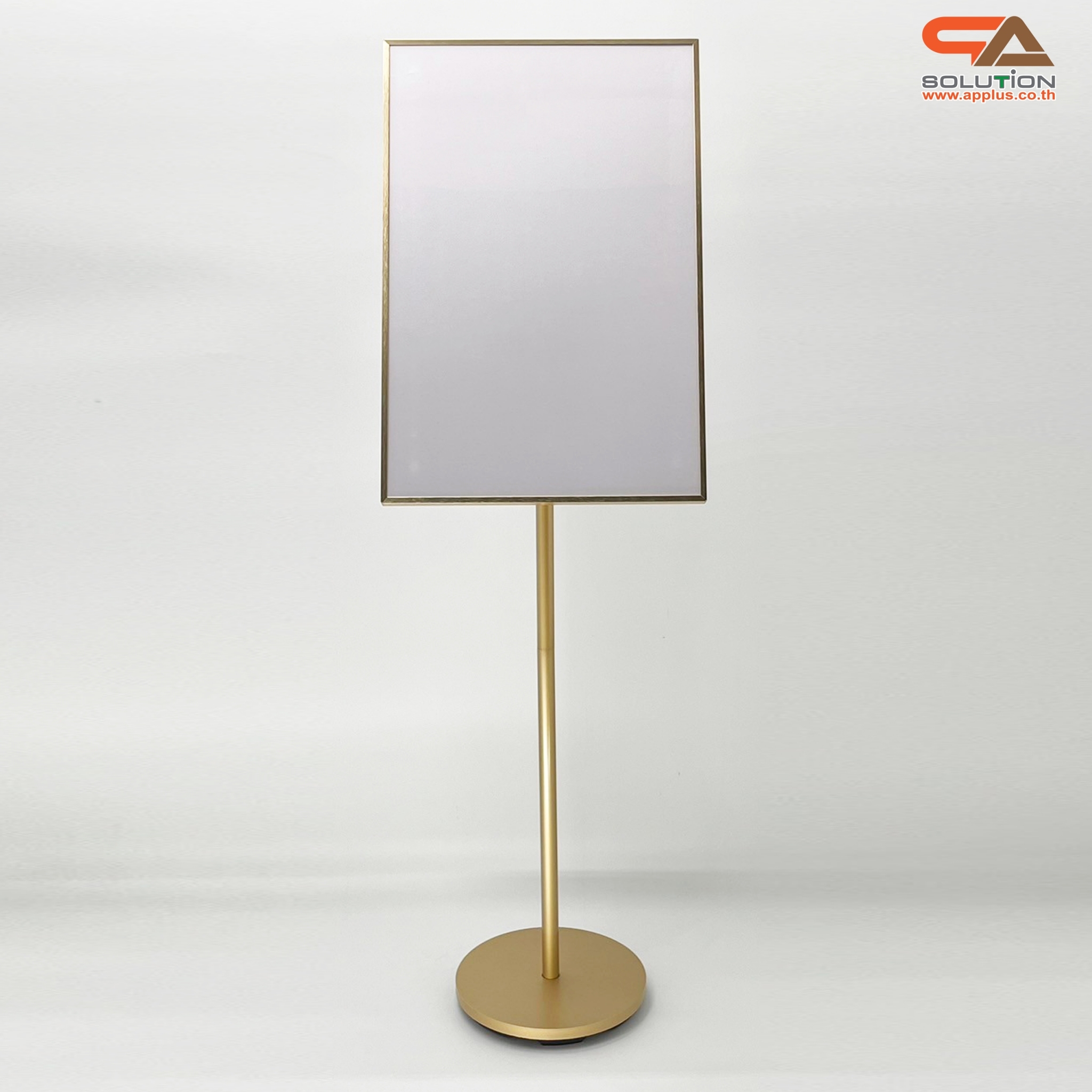 โปสเตอร์สแตนด์ ขนาด 40x60 cm. สีทอง ฐานกลม เสาเดี่ยว สอดภาพจากด้านข้าง เปลี่ยนมุมเอน ปรับแนวตั้ง-แนวนอนได้