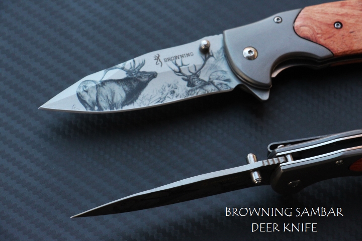 มีดพับด้ามไม้ลายเขากวาง BROWNING SAMBAR DEER KNIFE.