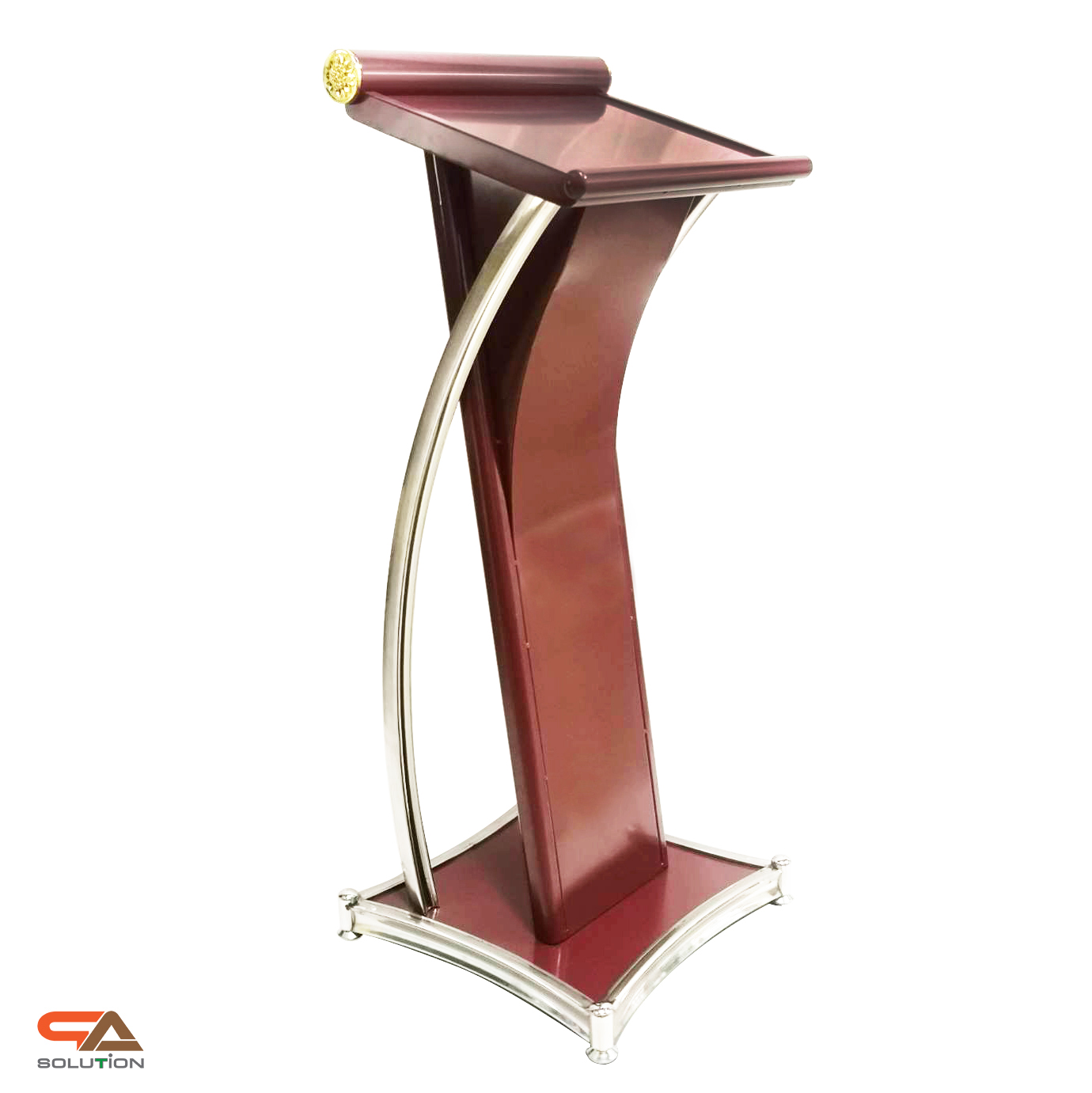 โพเดียมเหล็ก สีโอ๊คแดง ตกแต่งเสาโค้งสแตนเลสสีเงิน ขนาดTOP (W)48 x (L)39 สูง 117 cm.