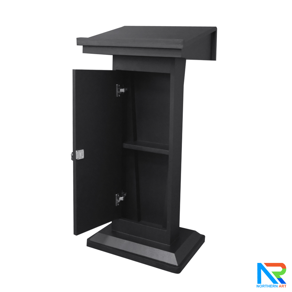 โพเดียมไม้ สีดำ ทรงโมเดิร์น TOP เอียง ขนาด (W)58 x (L)46 cm. สูง 114 cm. พร้อมตู้ใส่ของ มีกุญแจล็อค