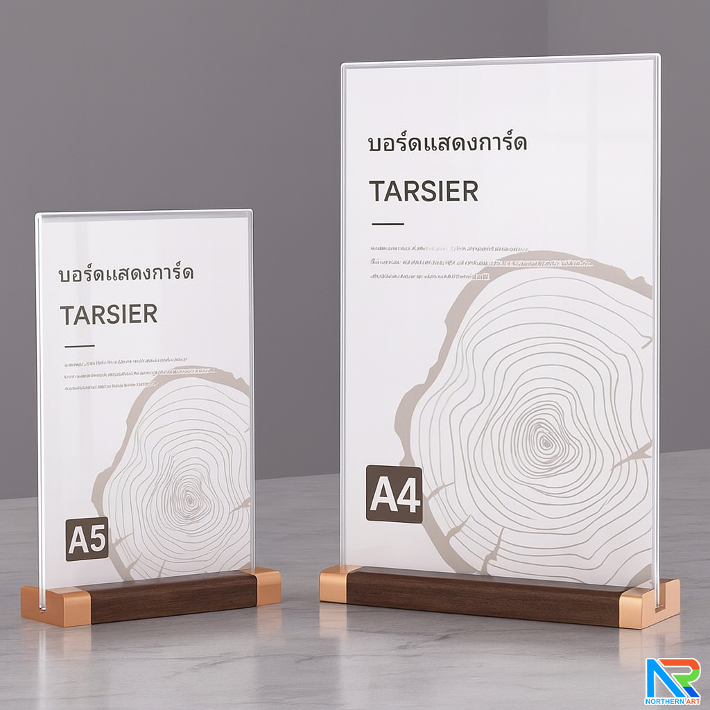 ป้ายตั้งโต๊ะ ฐานไม้ พร้อมอะคริลิคใส สอดงานพิมพ์ด้านข้าง โชว์งานพิมพ์ 2 ด้าน