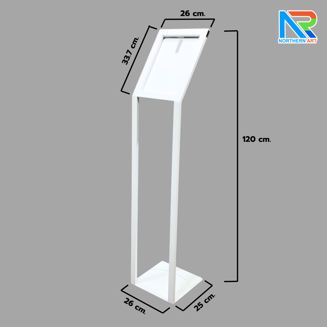 โปสเตอร์สแตนด์ตั้งพื้น รุ่นโชว์รูมรถ ขนาด A4 สอดงานพิมพ์ด้านบน วัสดุเหล็ก สีขาว มั่นคงแข็งแรง