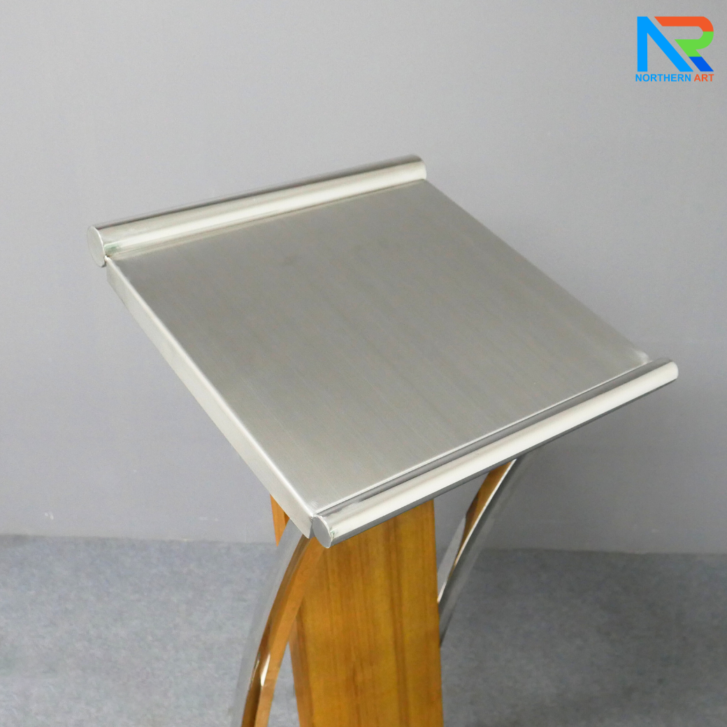 โพเดียมไม้จริง สีสัก PD-01 ขนาด (W)48 x (L)51 x (H)120 cm Top หุ้มสแตนเลส เกรด 304 แข็งแรงทนทาน พร้อมจัดส่งทั่วไทย