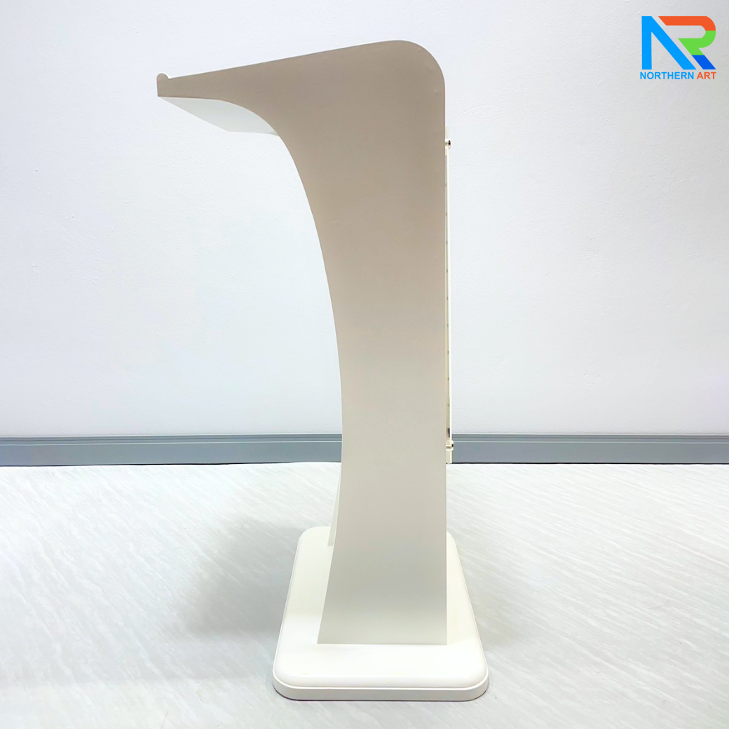 โพเดียมไม้ LED สีขาว ขนาด (W)55 x (L)45 x (H)112 cm. พร้อม LED CRYSTAL FRAME ด้านหน้า