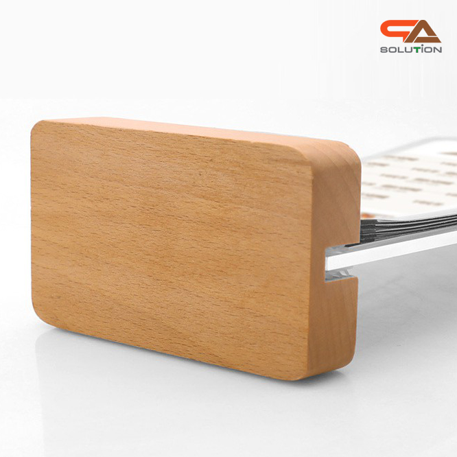 เมนูสแตนด์ตั้งโต๊ะ รุ่น D3 ฐานไม้จริง สีบีช พร้อมซอง 6 ซอง โชว์งานพิมพ์ 2 ด้าน ขนาด A4 , A5 และ A6