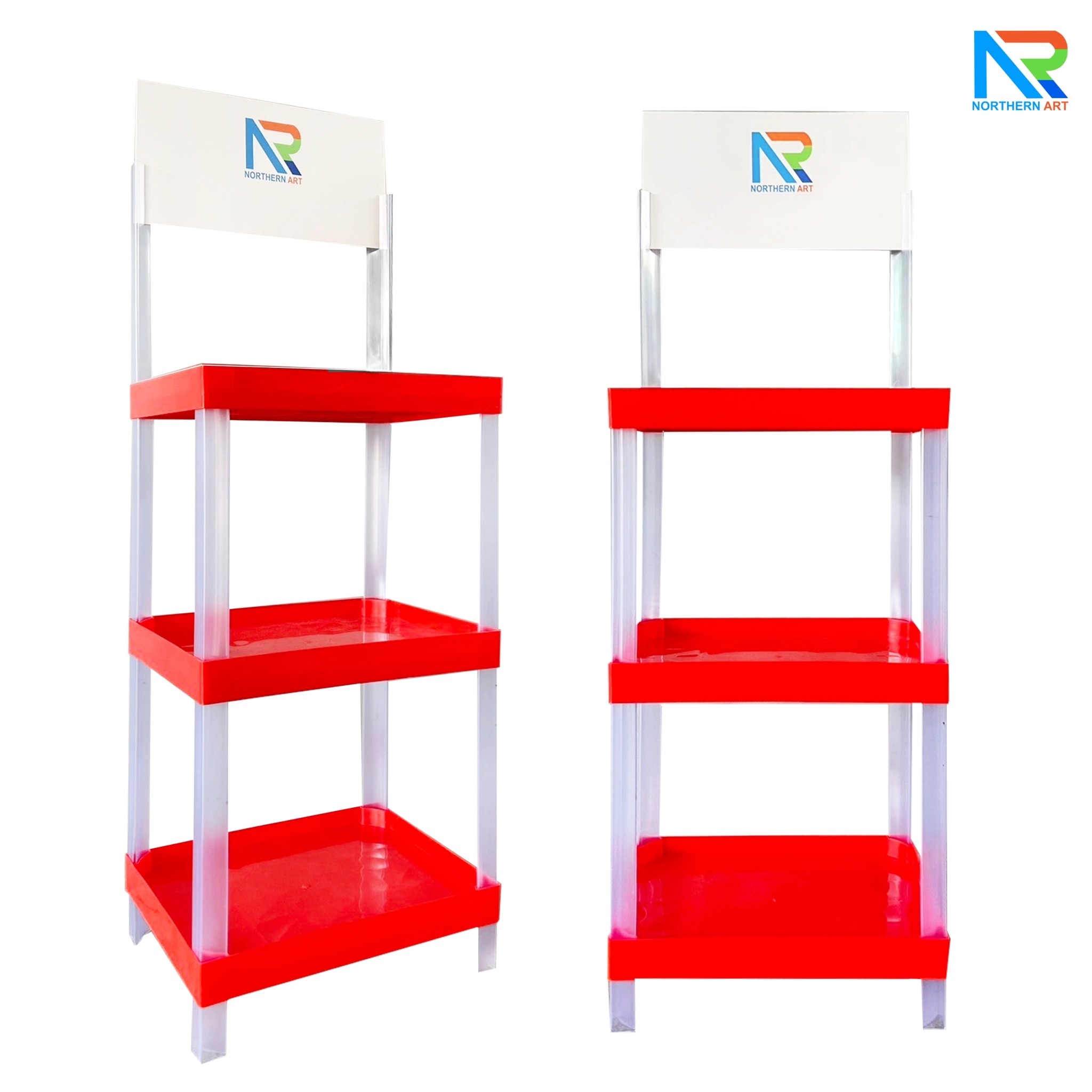ชั้นวางสินค้าพลาสติก 3 ชั้น สีแดง ขนาด (W) 53 x (L) 35 x (H) 140 cm. น้ำหนักเบา ถอดประกอบได้
