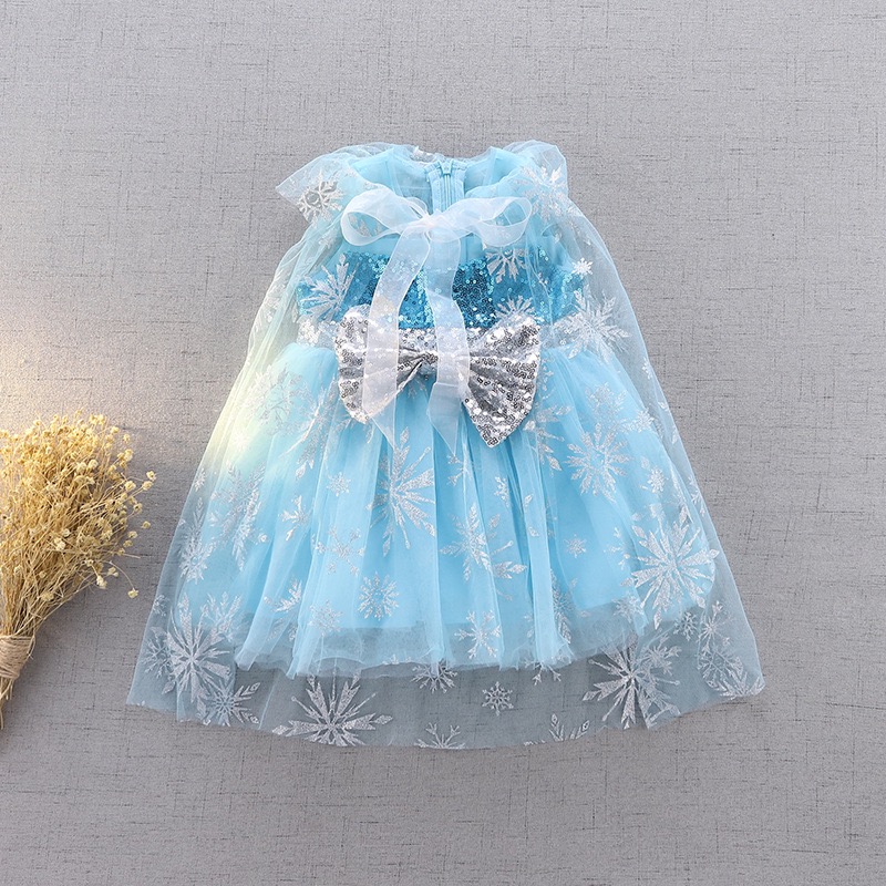 ชุดเจ้าหญิงเอลซ่า รุ่นเด็กเล็ก แขนกุดปักเลื่อมพร้อมผ้าคลุมสกรีนลาย Snow Flake