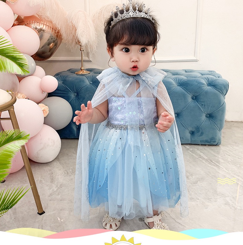 เซตชุดเจ้าหญิงเอลซ่า พร้อมผ้าคลุม เดรสแขนกุดสีฟ้าครามประดับเลื่อมช่วงอกกระโปรงย้อมไล่โทน